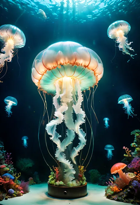 The Museum of Marine Biology displays the best quality of the Jellyfish Museum,4k,8k,high resolution,masterpiece:1.2,super detailed,actual:1.37,flash,The enchanting depths of the ocean,magical atmosphere,Stunning underwater landscape,colorful,閃閃glow的水母,Cha...
