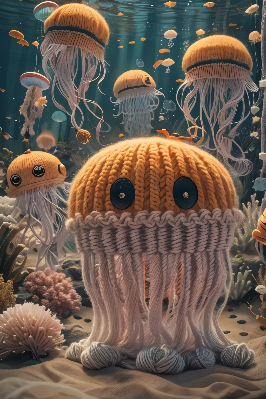 (La best quality,high resolution,super detailed,actual),Cute knitted jellyfish，smiley face，at the bottom of the sea，Surrounded by glowing jellyfish，Dreamy elements（ （（masterpiece）））， （（best quality））， （（intricate details））（8k）