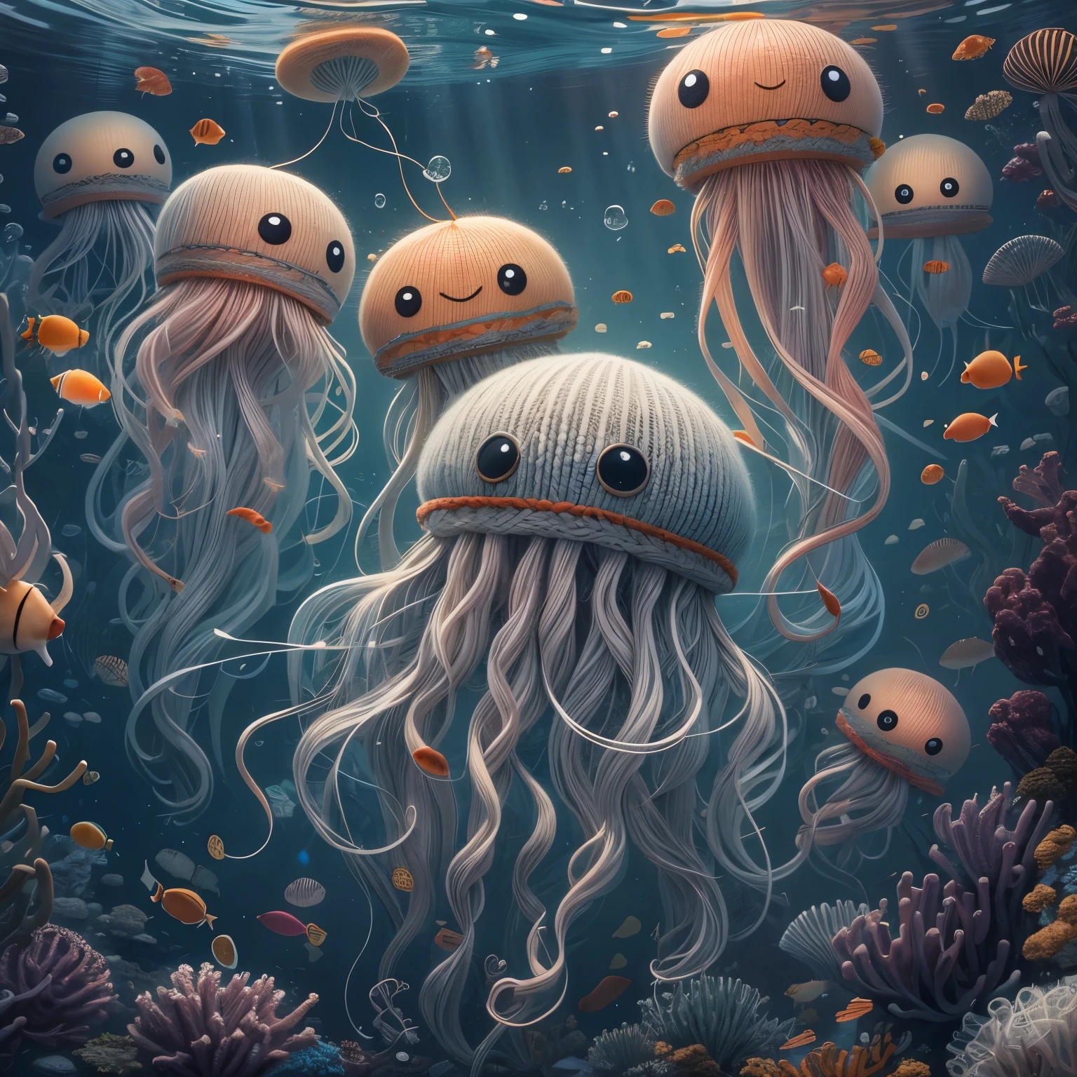 (La best quality,high resolution,super detailed,actual),Cute knitted jellyfish，smiley face，at the bottom of the sea，Surrounded by glowing jellyfish，Dreamy elements（ （（masterpiece）））， （（best quality））， （（intricate details））（8k）