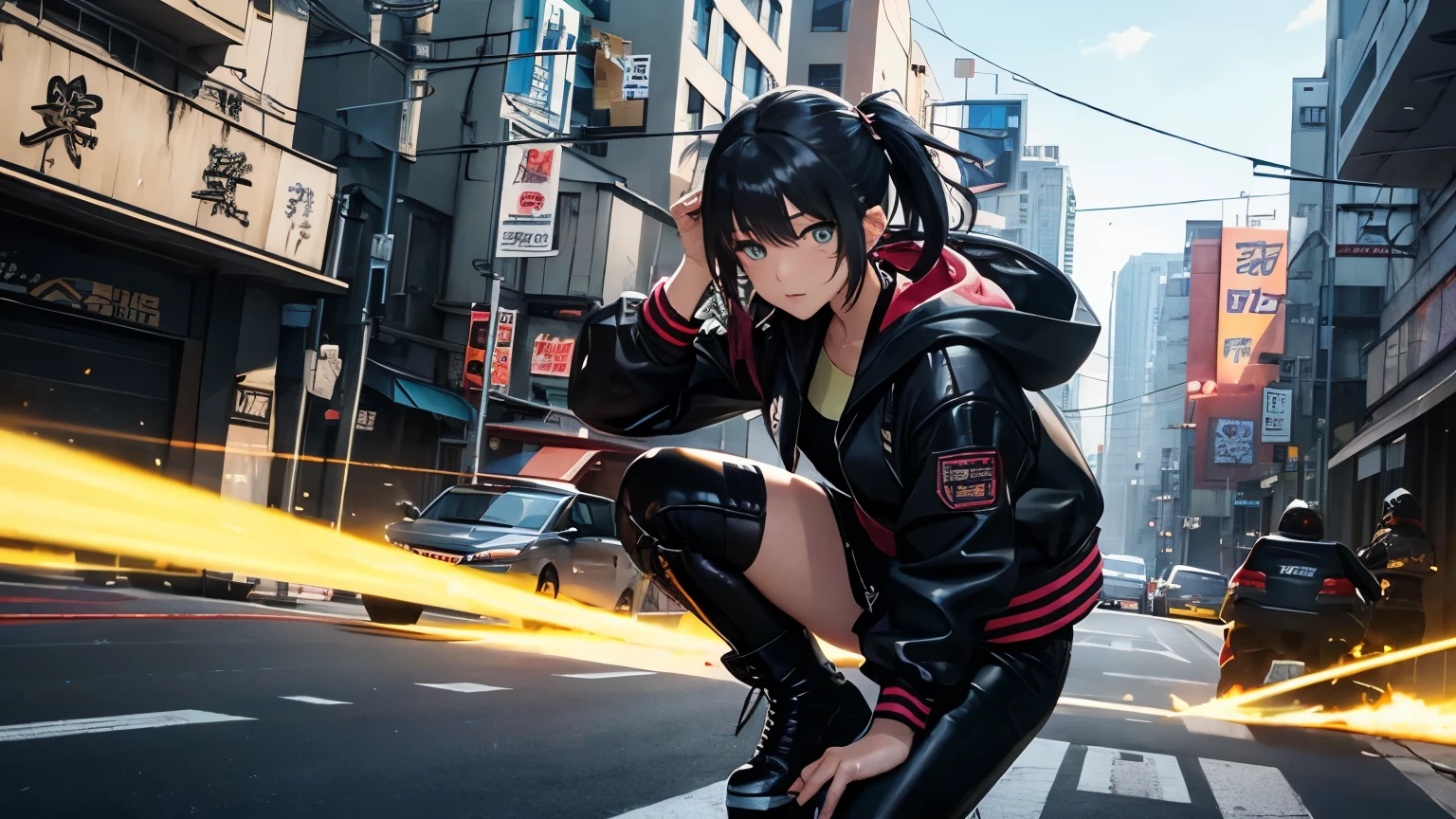 high quality、cyber punk、girl２people、mechanic、comical、anime style etc.、髪のcolorは２color、bike、leather jacket、punk coloring、city、ナイトcity、Street style、graffiti、hoodie、middle age、tall woman、military、Knee-high boots、weapons、night、二people組、teammates、The touch of the picture is black lagoon style