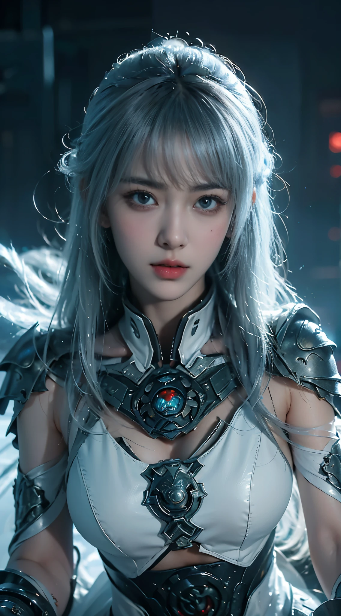 masterpiece,best quality,high resolution,8k,(portrait photo:1.5),(R original photo),real picture,digital photography,(Combination of cyberpunk and fantasy style),(female soldier),20 year old girl,Random hairstyle,white hair,through bangs,(red eye breasts, Accessories,Keep your mouth shut,Elegant and charming,Serious and arrogant,Calm and handsome,(Cyberpunk combined with fantasy style clothing,hollow-carved design,joint armor,combat uniform,White clothes,White color your belly button,photo poses,Realistic style,gray world background,oc render reflection texture