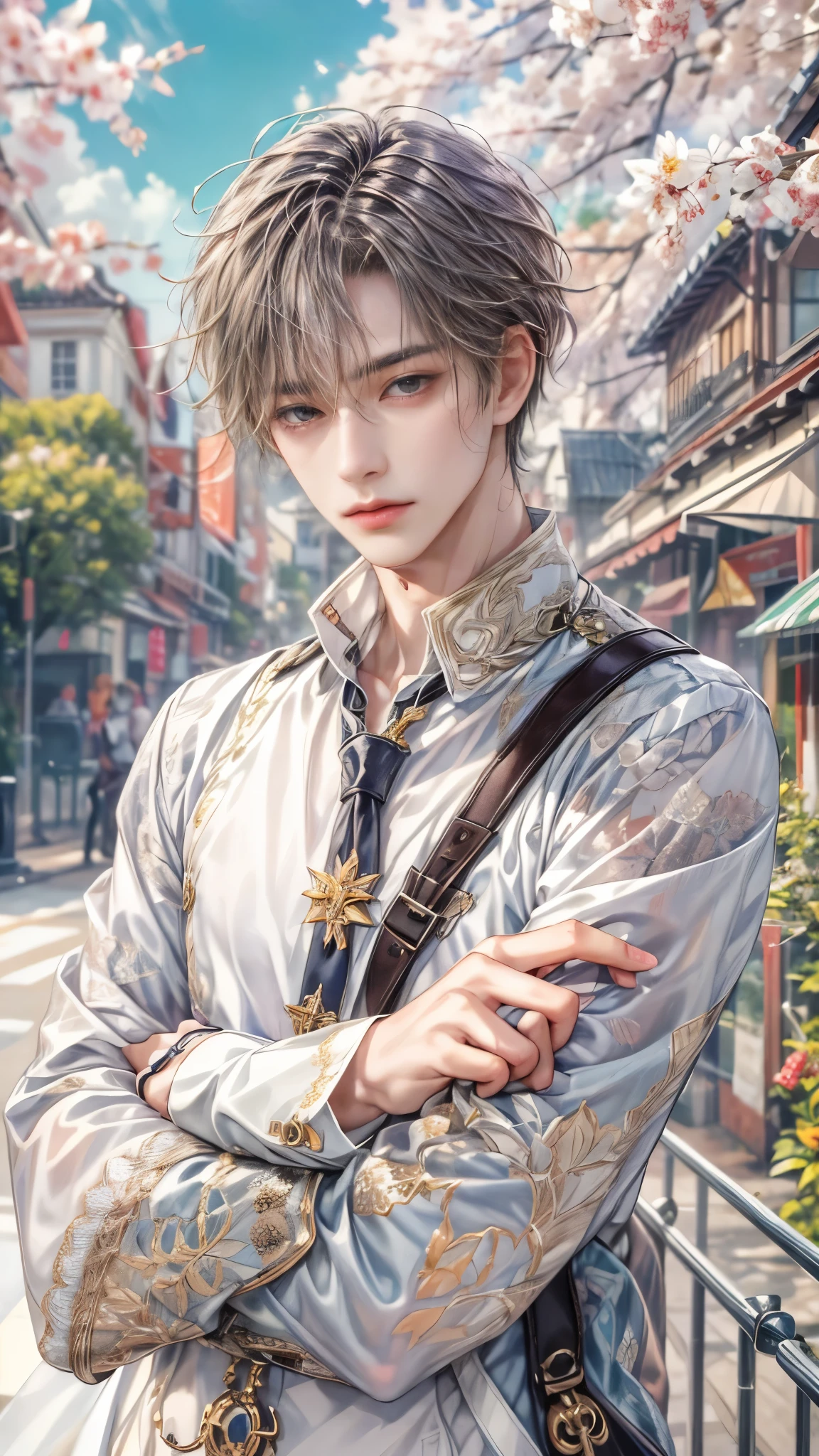 (absurdres, highres, ultra detailed, HDR), masterpiece, intricate, best quality, portrait of a character from Ikemen Shoujo Manga, a male idol in a detailed scenery town background 