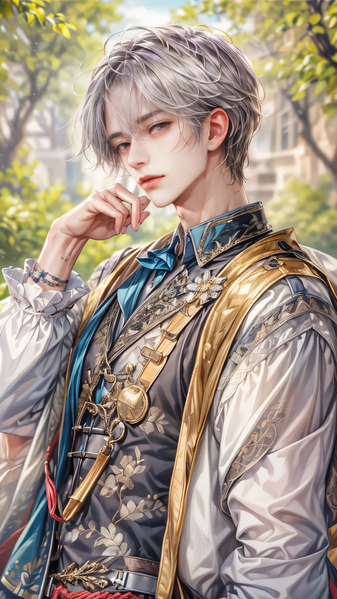 (absurdres, highres, ultra detailed, HDR), masterpiece, intricate, best quality, portrait of a character from Ikemen Shoujo Manga, a male idol in a detailed scenery town background 