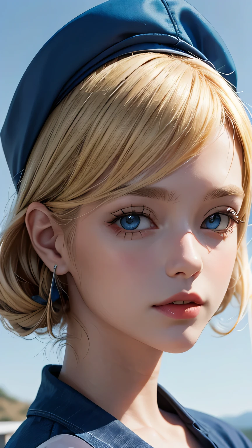 a portrait of a blonde girl with blue cap and blue shirt