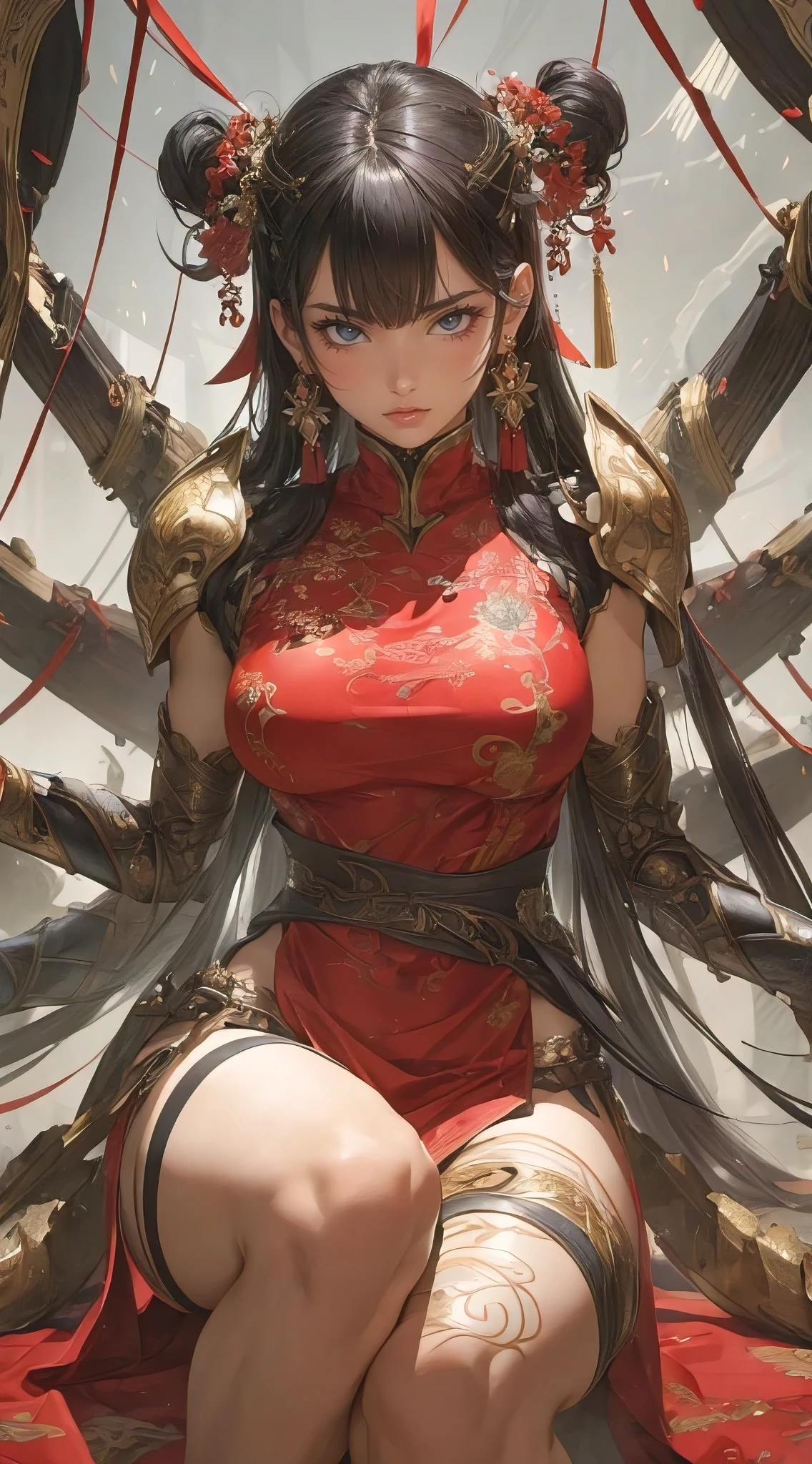 (masterpiece, best quality, photorealistic, ultra-detailed), character design, unique design and approach, spider clan, 6 arms, and 2 legs, beautiful fighter, perfect body, wide hips, combat armor, oriental themed, dynamic action pose, clean lines, perfect illustration, anime realism, photorealistic