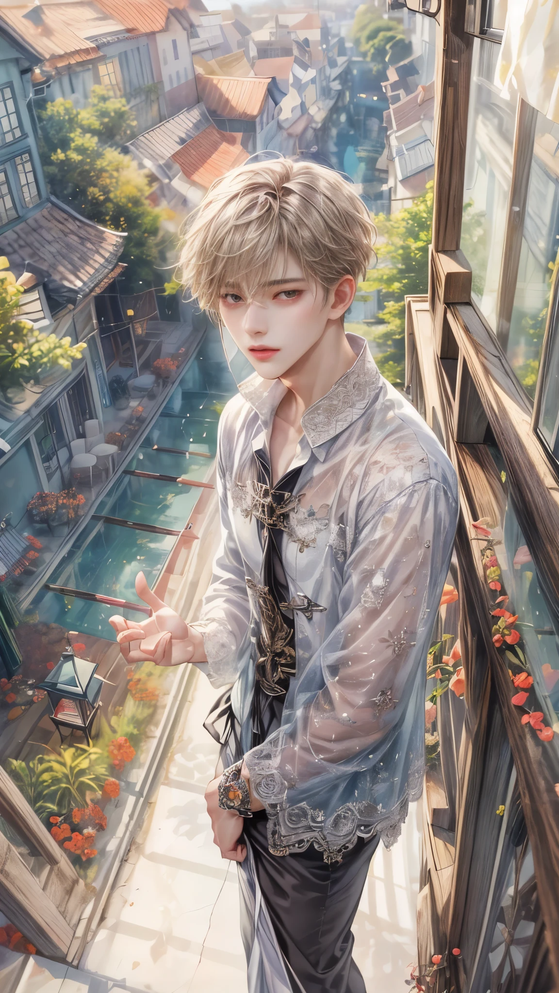 (absurdos, alta resolución, ultra detallado, hdr), obra maestra, Intrincado, mejor calidad, retrato de un personaje de Ikemen Shoujo Manga, un ídolo masculino en un fondo de ciudad con un paisaje detallado , ídolo kpop