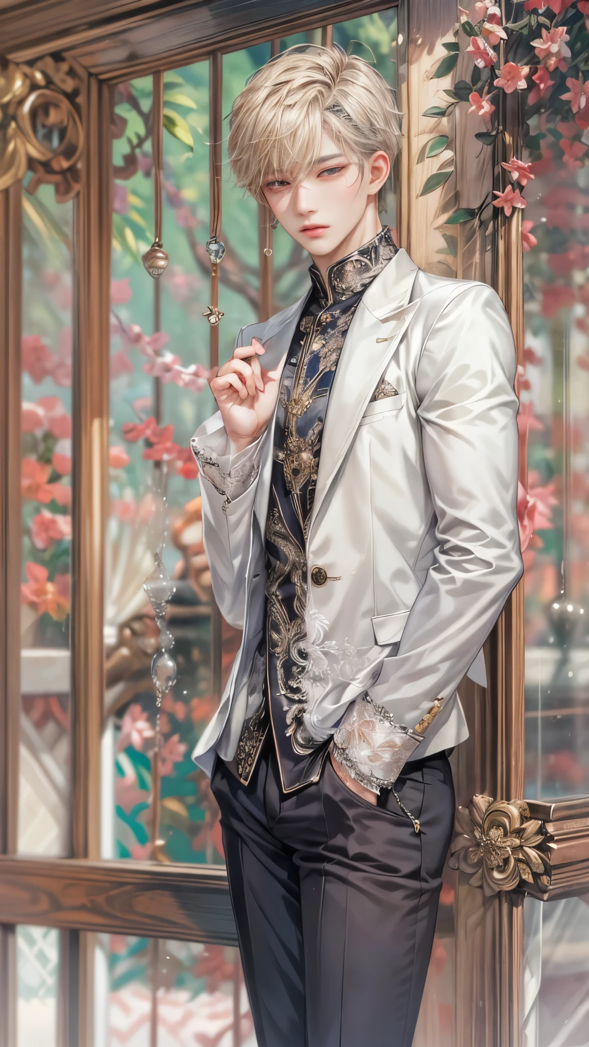 (absurdres, highres, ultra detailed, HDR), masterpiece, intricate, best quality, portrait of a character from Ikemen Shoujo Manga, a male idol in a detailed scenery town background , kpop idol