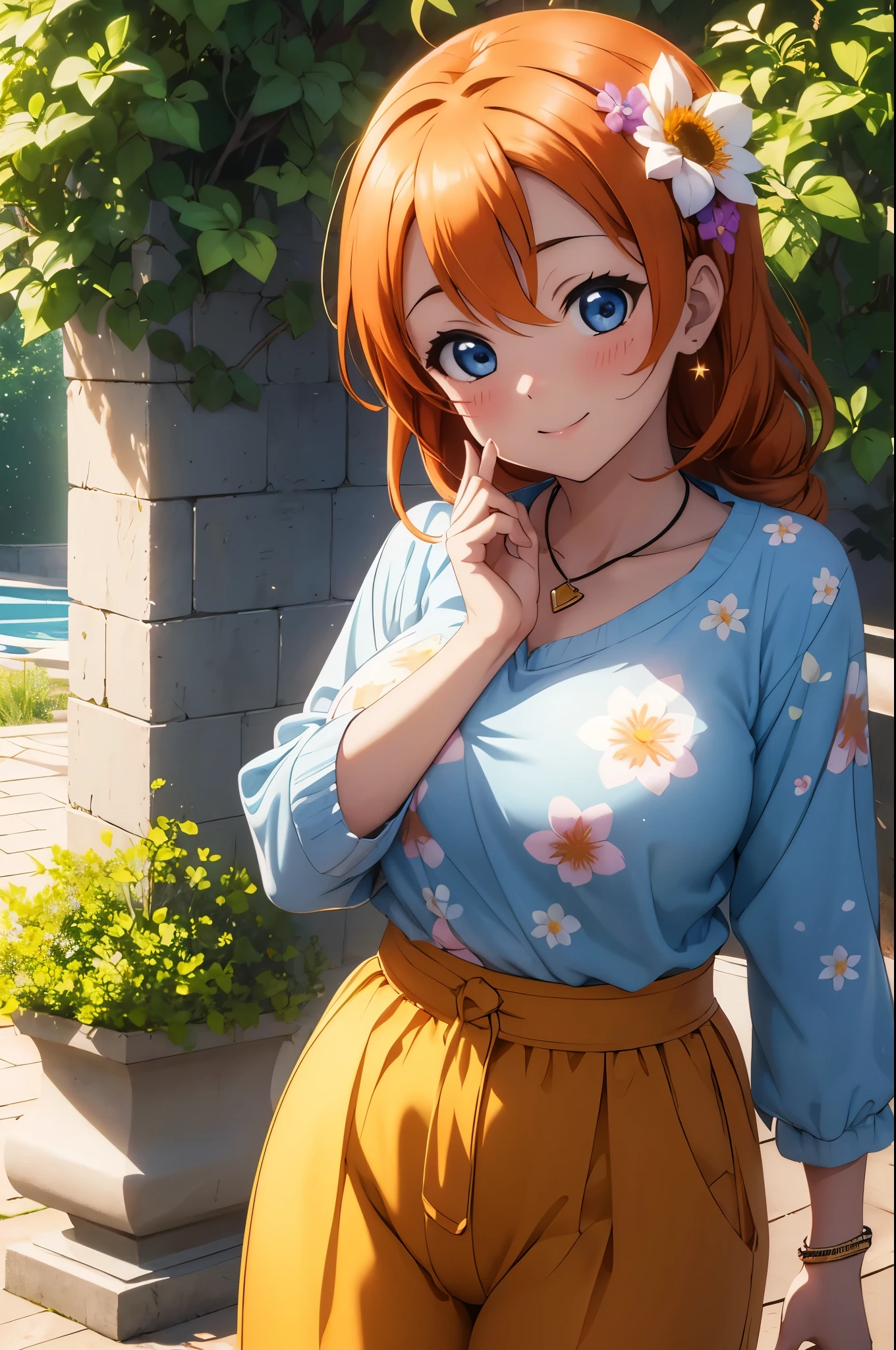 Anime girl with red hair and blue shirt posing in front of a pool - SeaArt  AI