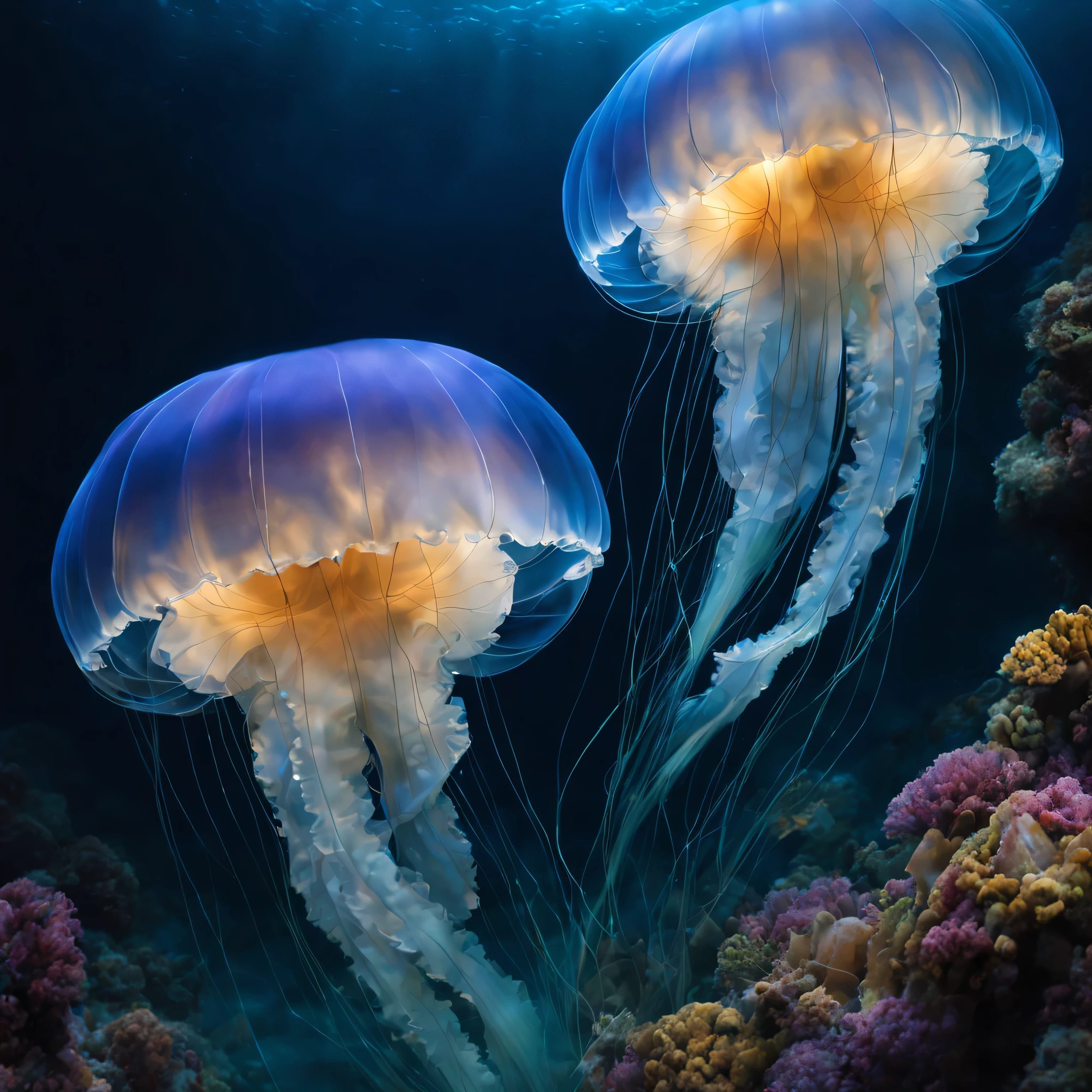 (une belle, mesmerizing round jellyfish),(Bioluminescent jellyfish:1.3),(tentacules doux et brillants),(Corps transparent),(mouvements délicats et gracieux),(Underwater scene),(eau d&#39;un bleu profond),(reflets subtils),(soft, ambient lighting),(Ethereal beauty),(mouvement fluide et fluide, mysterious and enchanting),(couleurs vibrantes dans les environs),(detailed texture on the tentacles),(hidden patterns on the body),(captivant et surnaturel),(faisceaux lumineux réfractés),(ambiance sereine et paisible),(capturer l&#39;essence de la vie oceanique),(immersed in a quiet world),(danse gracieuse dans les profondeurs de la mer),(conferring a feeling of tranquility and respect),(ombres et lumières dansantes),(capturer l&#39;essence de l&#39;marine elegance),(sensory experience),(ondulations subtiles à la surface de l’eau),(motifs fractals illuminant les environs),(illuminé par bioluminescence),(structure corporelle complexe et délicate),(mouvement serein dans l&#39;eau),(mouvement subtil de l&#39;eau autour d&#39;elle),(evoking a feeling of&#39;wonder),(revealing the hidden beauty of&#39;ocean),(translucent and ethereal),(create a sentiment d&#39;harmonie et d&#39;wonder),(un chef-d&#39;work of nature design),(creating a harmonious contrast between light and&#39;darkness),(une symphonie de couleurs et de textures),(transformer l&#39;ordinaire en extraordinaire),(une exposition captivante de la beauté de la nature).