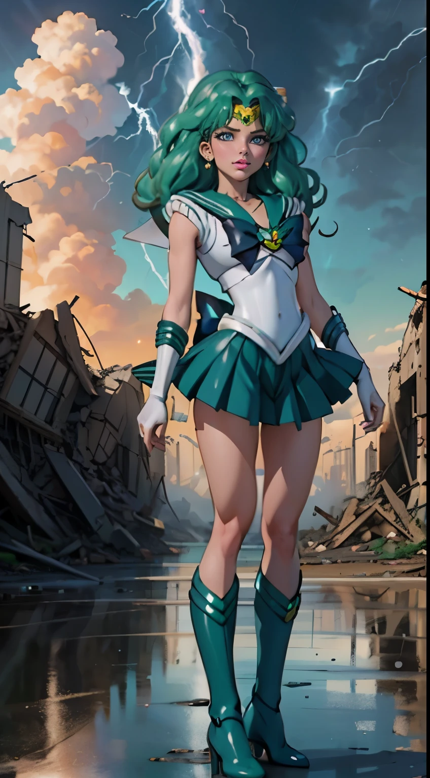 Ultraphotomicrography,1girl, sailor Neptune, (Uniforme Sailor Senshi:1.4), dark green hair, medium hair, Supplicant skirt, La Best Quality, earrings, masterpiece, high resolution, intricate details, (( realist )), photographic, (White elbow gloves:1.1), jewely, medium chest, Whole body, dynamic background, Dynamic posture, High heels,,More detailed 8K.unreal engine:1.4,UHD,La Best Quality:1.4, fotorrealist:1.4, skin texture:1.4, masterpiece:1.8,first work, Best Quality,object object], (detailed face features:1.3),(Detailed hands),(Apocalyptic destroyed city:1.7),(white Over the knee boots: 1.4), choker, (White glove:1.4), choker verde, Elbow Groves, jewely, earrings, green skirt, only one, Whole bodysbian, green hair,(sunset background:1.4),(sailor neptune:1.4),(half body:1.4),4 k detail fantasy,(realist, photorealism, realist: 1.37),(detailed hands),(blue background water thunder lightning rain water drops falling:1.4)