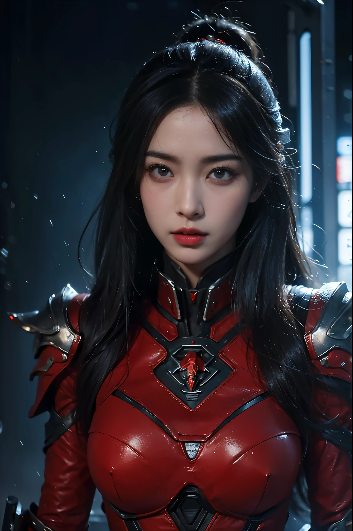 masterpiece,best quality,high resolution,8k,(portrait photo:1.5),(R original photo),real picture,digital photography,(Combination of cyberpunk and fantasy style),(female soldier),20 year old girl,Random hairstyle,through bangs,(red eye breasts, Accessories,red lips,(He frowned,sneer),(Cyberpunk combined with fantasy style clothing,hollow-carved design,joint armor,,red clothes,red),show your belly button,photo poses,Realistic style,Thunder and lightning on rainy day,(Thunder magic),oc render reflection texture