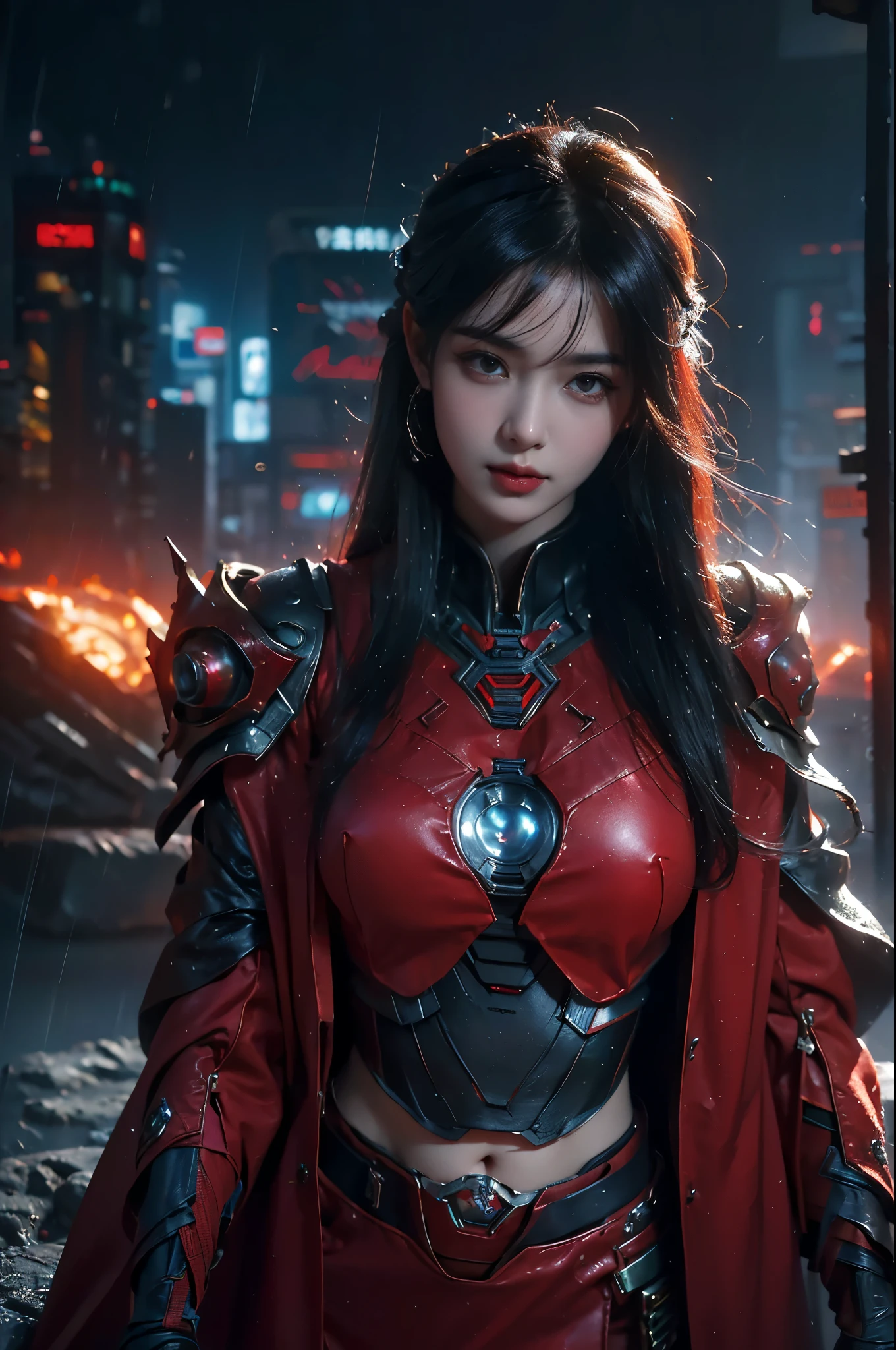 masterpiece,best quality,high resolution,8k,(portrait photo:1.5),(R original photo),real picture,digital photography,(Combination of cyberpunk and fantasy style),(female soldier),20 year old girl,Random hairstyle,through bangs,(red eye breasts, Accessories,red lips,(He frowned,sneer),(Cyberpunk combined with fantasy style clothing,hollow-carved design,joint armor,,red clothes,red),show your belly button,photo poses,Realistic style,Thunder and lightning on rainy day,(Thunder magic),oc render reflection texture