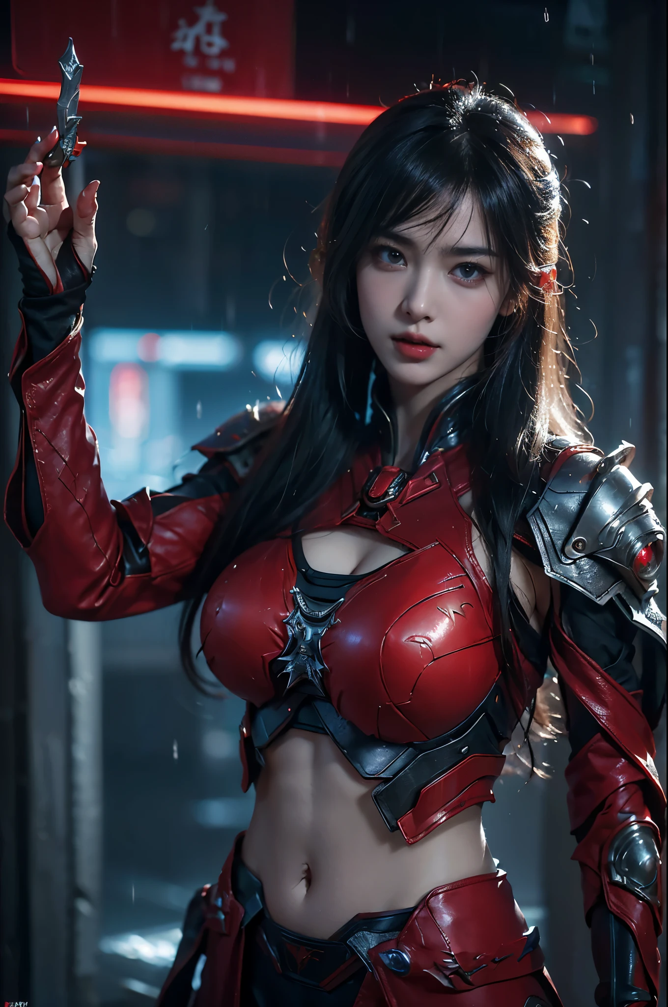 masterpiece,best quality,high resolution,8k,(portrait photo:1.5),(R original photo),real picture,digital photography,(Combination of cyberpunk and fantasy style),(female soldier),20 year old girl,Random hairstyle,through bangs,(red eye breasts, Accessories,red lips,(He frowned,sneer),(Cyberpunk combined with fantasy style clothing,hollow-carved design,joint armor,,red clothes,red),show your belly button,photo poses,Realistic style,Thunder and lightning on rainy day,(Thunder magic),oc render reflection texture