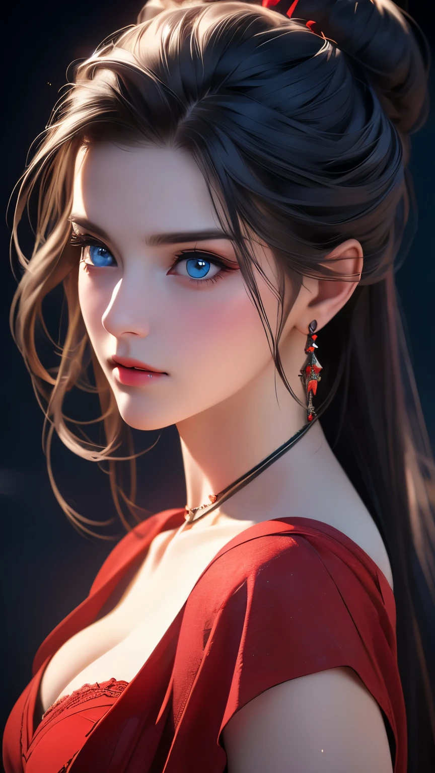 (highest quality,4k,8k,High resolution,masterpiece:1.2),super detailed,(realistic,realistic,realistic:1.37),beautiful detailed blue eyes,long black hair in a high bun,detailed red veil,sharp focus,Professional,Bright colors,dark background,studio lighting、cleavage