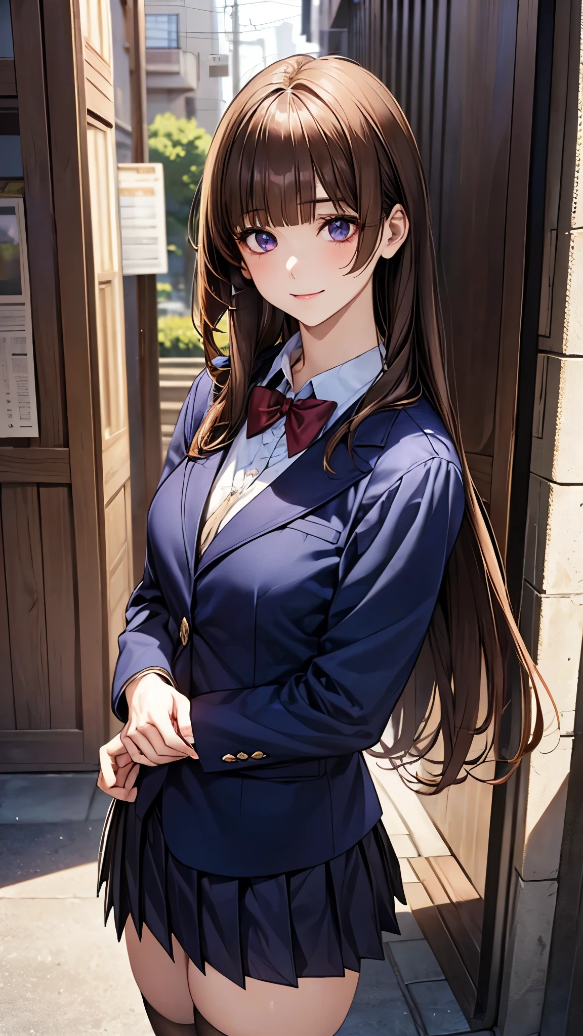 (masterpiece:1.2, top-quality), (realistic, photorealistic:1.2), beautiful illustration, (natural side lighting, movie lighting), , 
looking at viewer, 1 girl, japanese, high school girl, perfect face, cute and symmetrical face, shiny skin, 
(long hair:1.5, straight hair:1.4, light brown hair), blunt bangs, swept bangs, big eyes, drooping eyes, purple eyes, long eye lasher, (medium breasts), slender, 
beautiful hair, beautiful face, beautiful detailed eyes, beautiful clavicle, beautiful body, beautiful chest, beautiful thigh, beautiful legs, beautiful fingers, 
(((navy clothes), school blazer, closed blazer, white collared shirts, navy pleated mini skirt), dark red bow tie, gray thigh-highs), 
(beautiful scenery), evening, (outdoors),, standing, (lovely smile, upper eyes), 