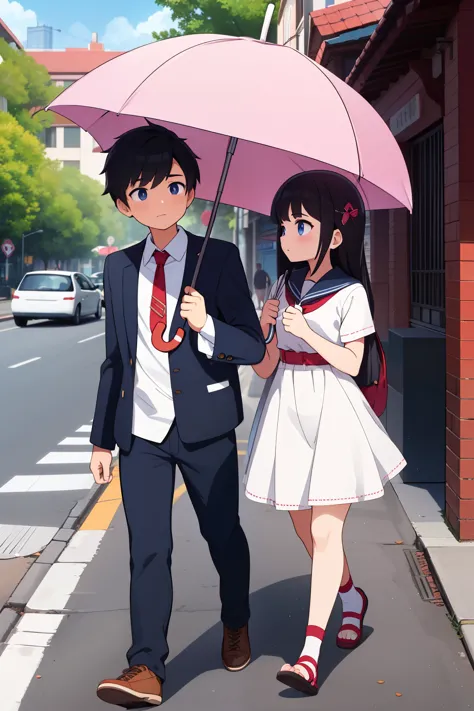 A indian teenage cool looking handsome school boy walking on the road with another  under one umbrella looking at her