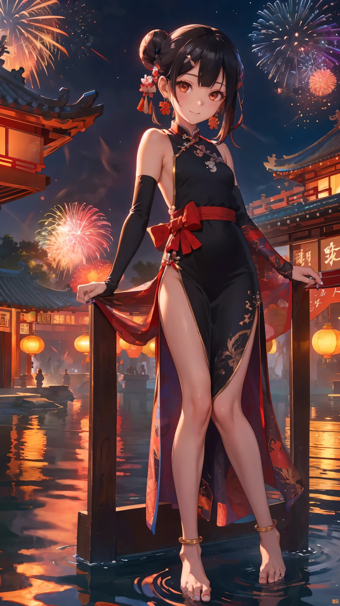 best quality,official art,extremely detailed CG unity 8k wallpaper, (wide shot),1girl, (Miyu Edelfelt),loli,black hair,brown eyes,seductive smile,nsfw, barefoot, see-through dress, butterfly, butterfly hair ornament, backless dress, chinese clothes,sleeveless, double bun,golden dragon print,bare foot,,elbow gloves,hair bun, hair ornament,jewelry,earrings,bead anklet,slim legs,nail polish, small breasts, solo, toenail polish, toenails, toes, twintails,outdoor,Chinese style architecture, Chinese style, lake, ancient town, beautiful and meticulous water,the red lantern,fireworks,