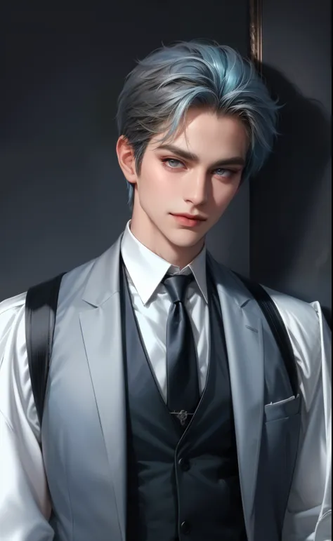 (masterpiece,best quality,ultra_detailed,highres,absurdres),1 mature male, 30-ish, (wide shoulder), (muscular), male focus, solo, blue pastel hair, chain, shirt, black necktie, necktie, simple background, grey eyes, upper body, vest, short hair, looking at...