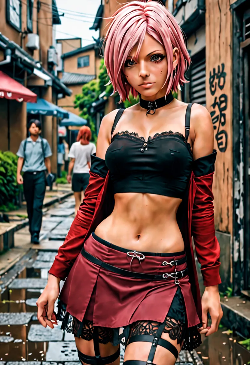 Beautiful style demon-girl at a demon graffiti urban)), ((black lace pattern cropped top)), (wrinkle skirt), Garter belt and bla...