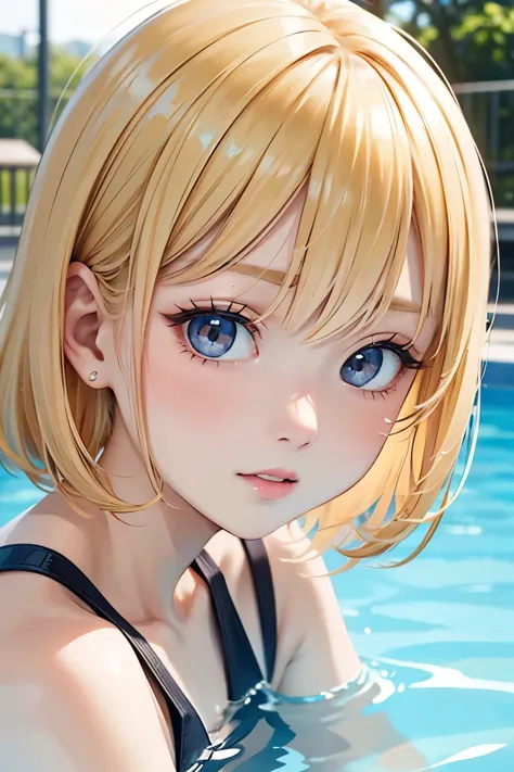 blonde、short、13 year old girl、close up of face、pool