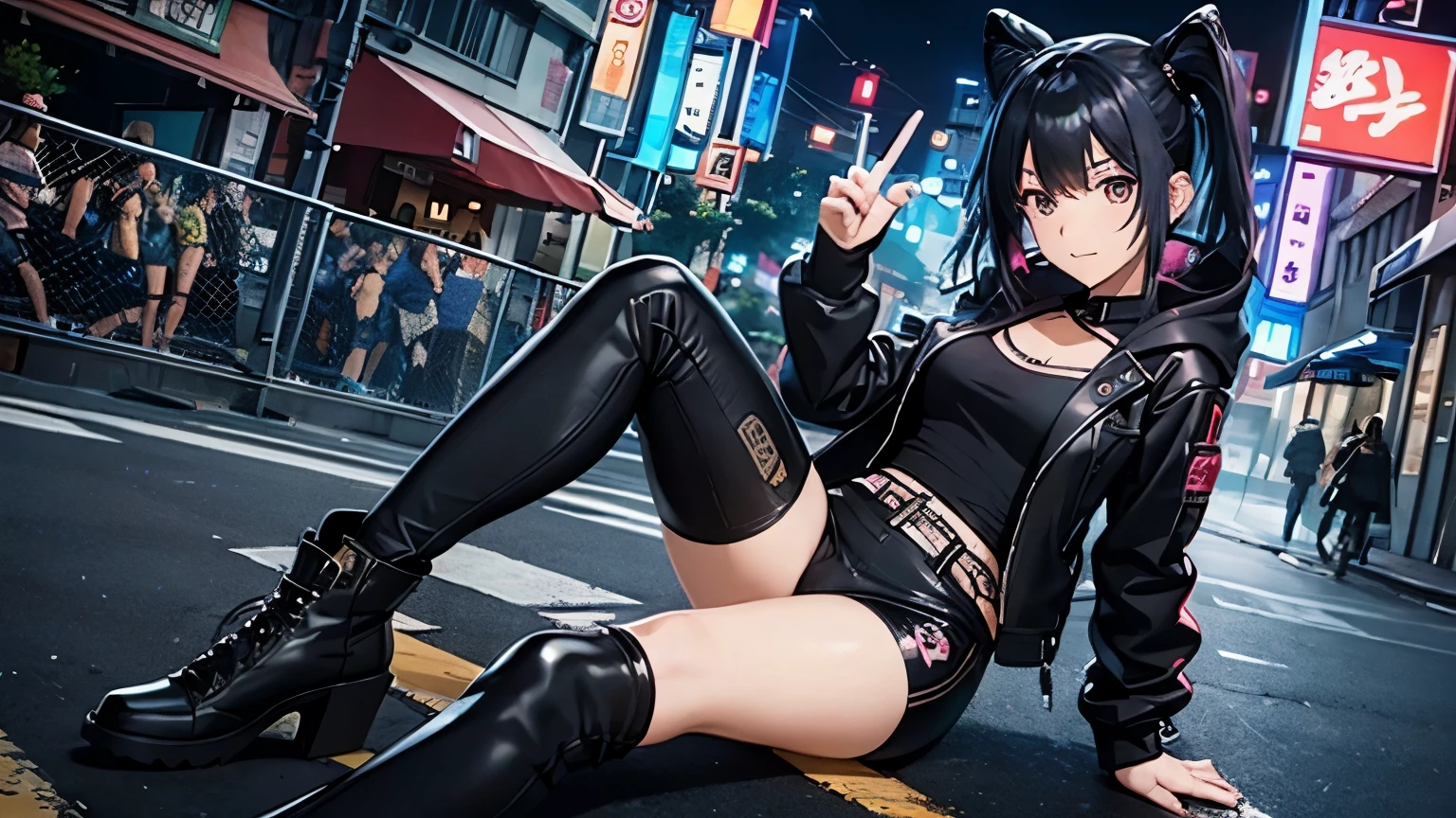 high quality、cyber punk、girl２people、mechanic、comical、anime style etc.、髪のcolorは２color、bike、leather jacket、punk coloring、city、ナイトcity、Street style、graffiti、hoodie、middle age、tall woman、military、Knee-high boots、weapons、night、二people組、teammates、The touch of the picture is black lagoon style