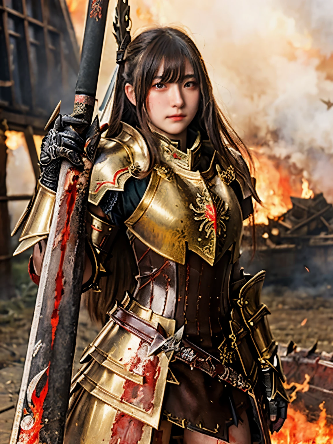 (((Realistic, masterpiece, best quality))), 17 years old girl wearing golden armor, japan style heavy armor, full body armor, long straight hair, sweating, bloodstained, bloodbath, carnage, holding japan fire sword, in epic war, fire and smoke everywhere, death anywhere