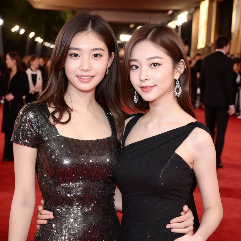 ((highest quality, 8k, masterpiece :1.3)), 2 girls, smile, whole body, slim face, Beautiful woman, (dark brown hair), elegant warm-colored full-length dress :1.1, super detailed face, fine eyes, double eyelid, blur background, slim face, ((red carpet)), 
