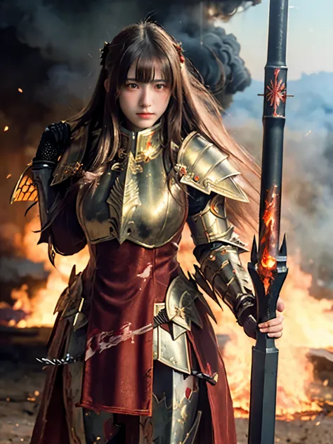 (((realistic, masterpiece, best quality, crisp detail, high definition, high detail))), 17 years old girl wearing golden armor, ...