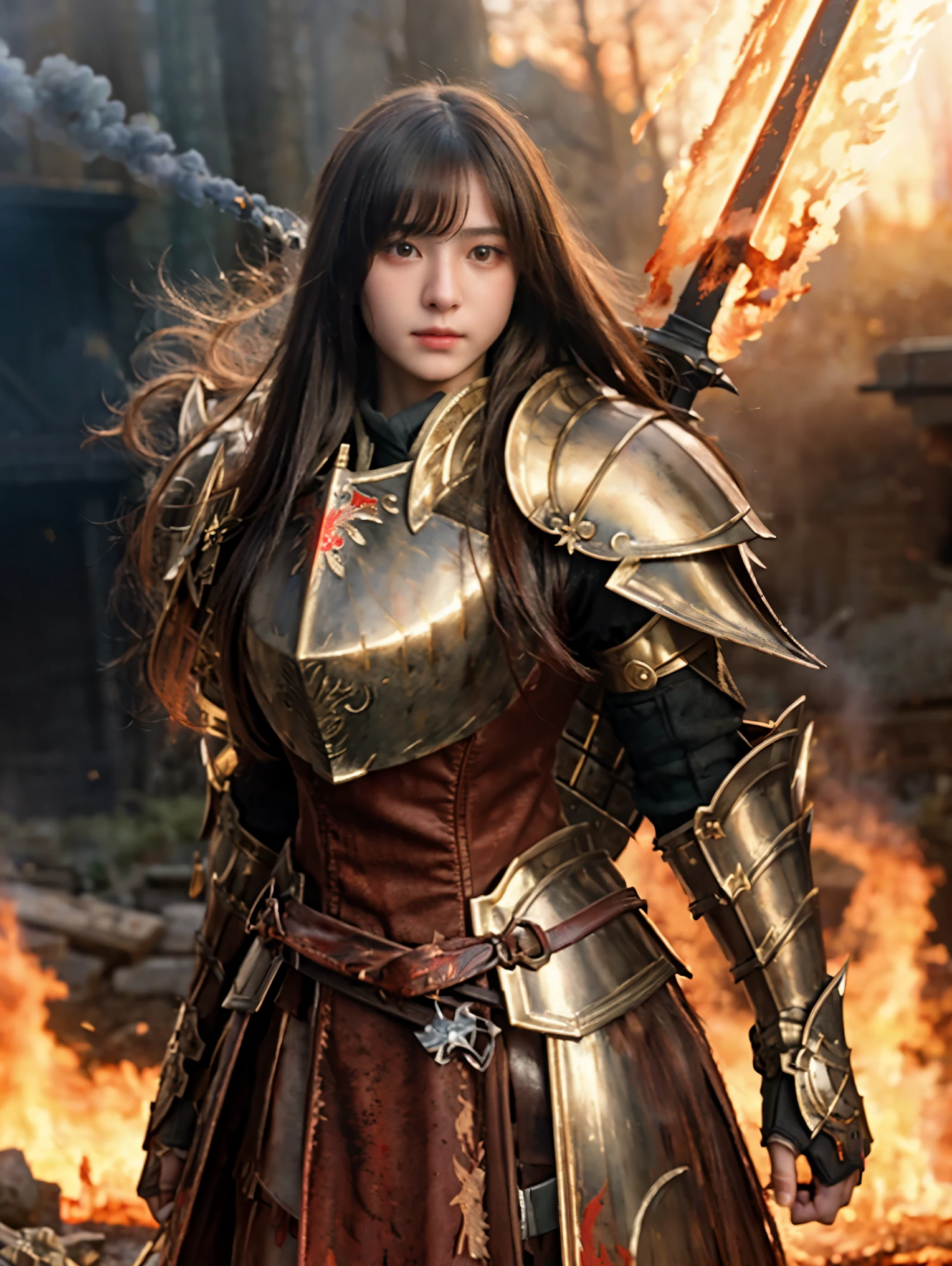 (((Realistic, masterpiece, best quality, crisp detail, high definition, high detail))), 17 years old girl wearing golden armor, japan style heavy armor, full body armor, long straight hair, sweating, bloodstained, bloodbath, carnage, holding japan fire sword, in epic war, fire and smoke everywhere, death anywhere