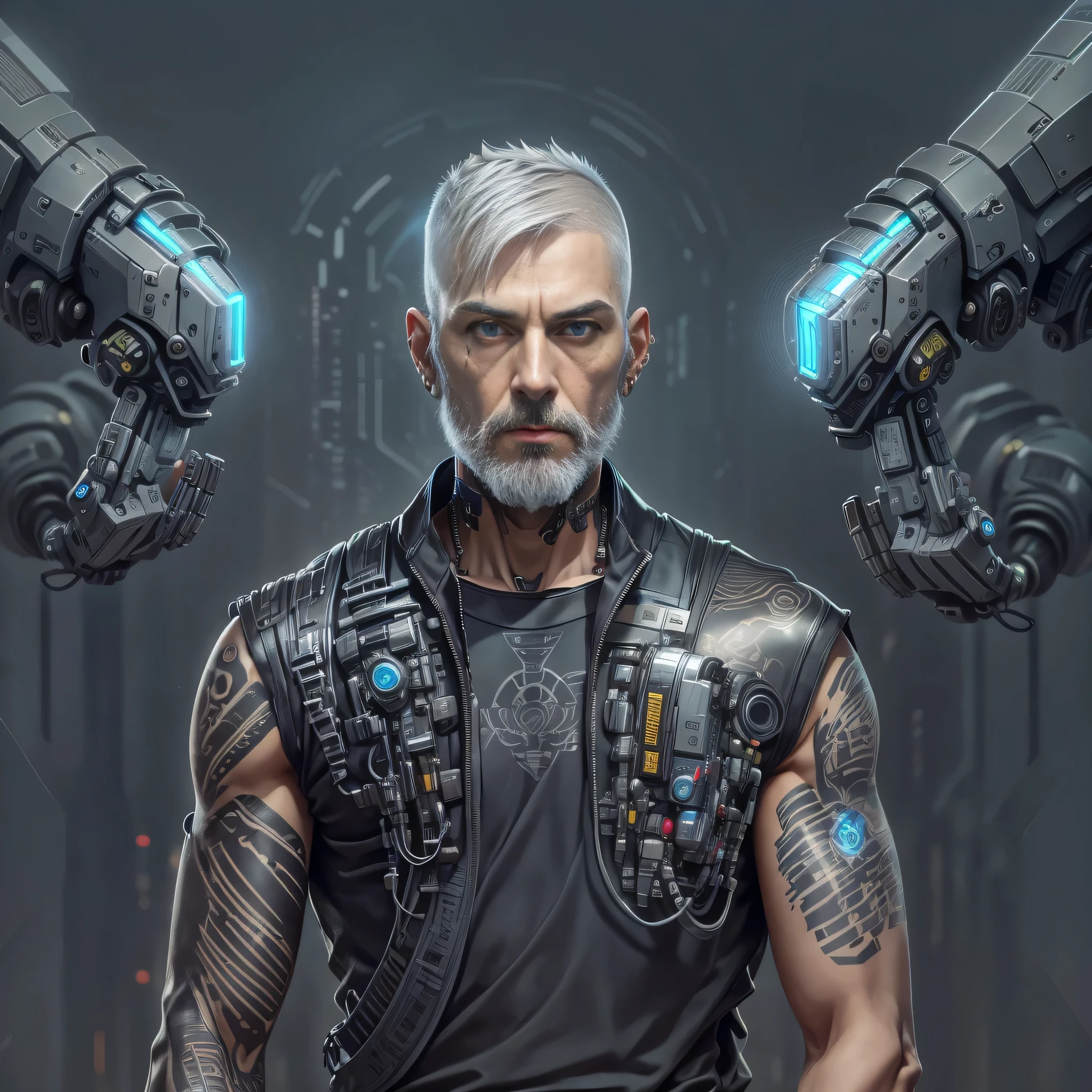 thin man, serious face, male,gray hair, short beard, with cybernetic arm, robotic arm, with robotic prosthesis,implants on face,wearing comfortable clothes, jeans cinza, camisa regata cinza, t-shirt, shirt, tattoo on upper arm,with all hair shaved, very short hair, full body, cyberpunk, dark cyberpunk, futuristic.