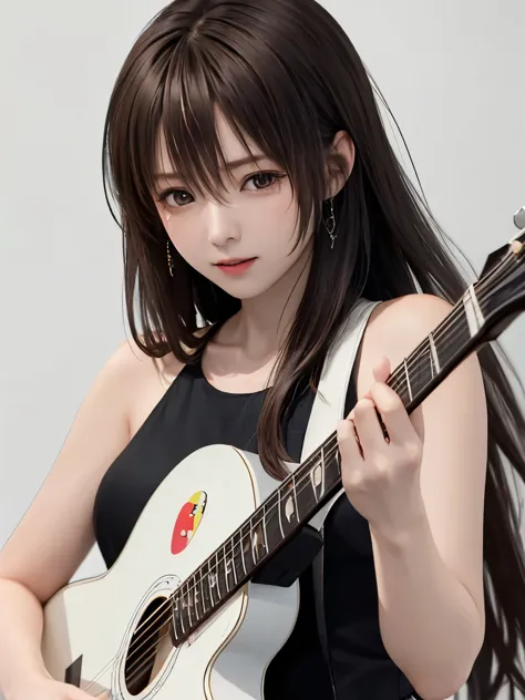 (((best image quality、8k、beautiful woman、pure white wall background)))、guitarist、playing the guitar、long hair woman、black hair、c...