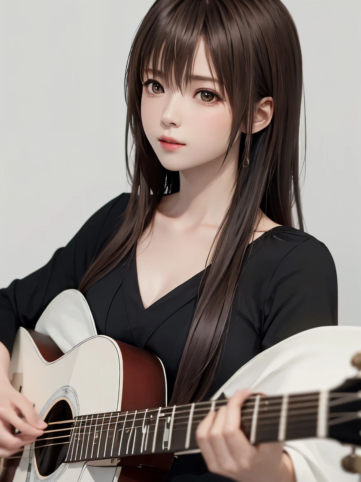 (((best image quality、8k、Beautiful woman、Pure white wall background)))、guitarist、playing the guitar、long hair woman、black hair、sad expression、wearing a black dress、