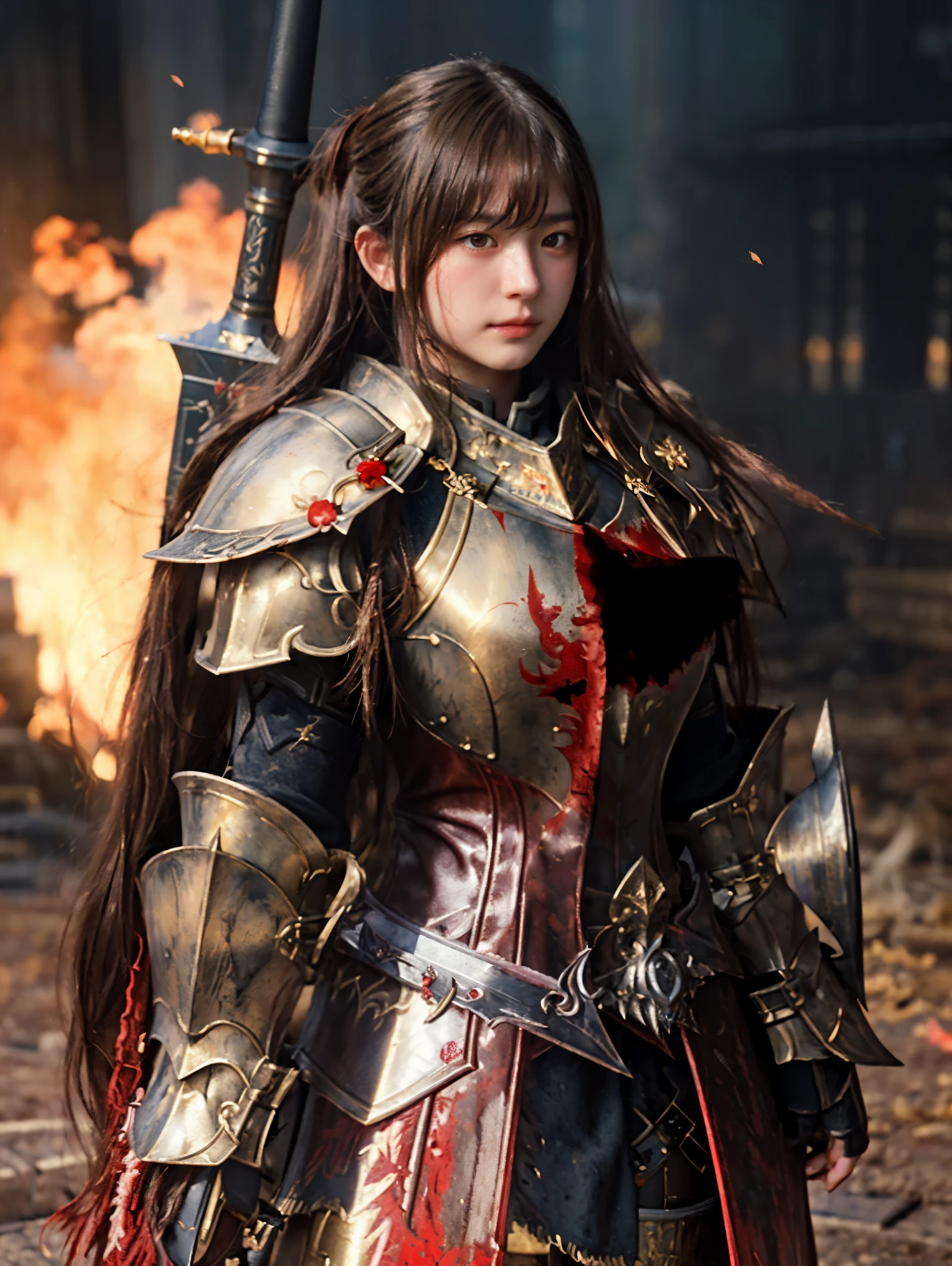 (((Realistic, masterpiece, best quality, crisp detail, high definition, high detail))), 17 years old girl wearing golden armor, japan style heavy armor, full body armor, long straight hair, sweating, bloodstained, bloodbath, carnage, holding long bloodstained sword, in epic war, fire and smoke everywhere, death anywhere