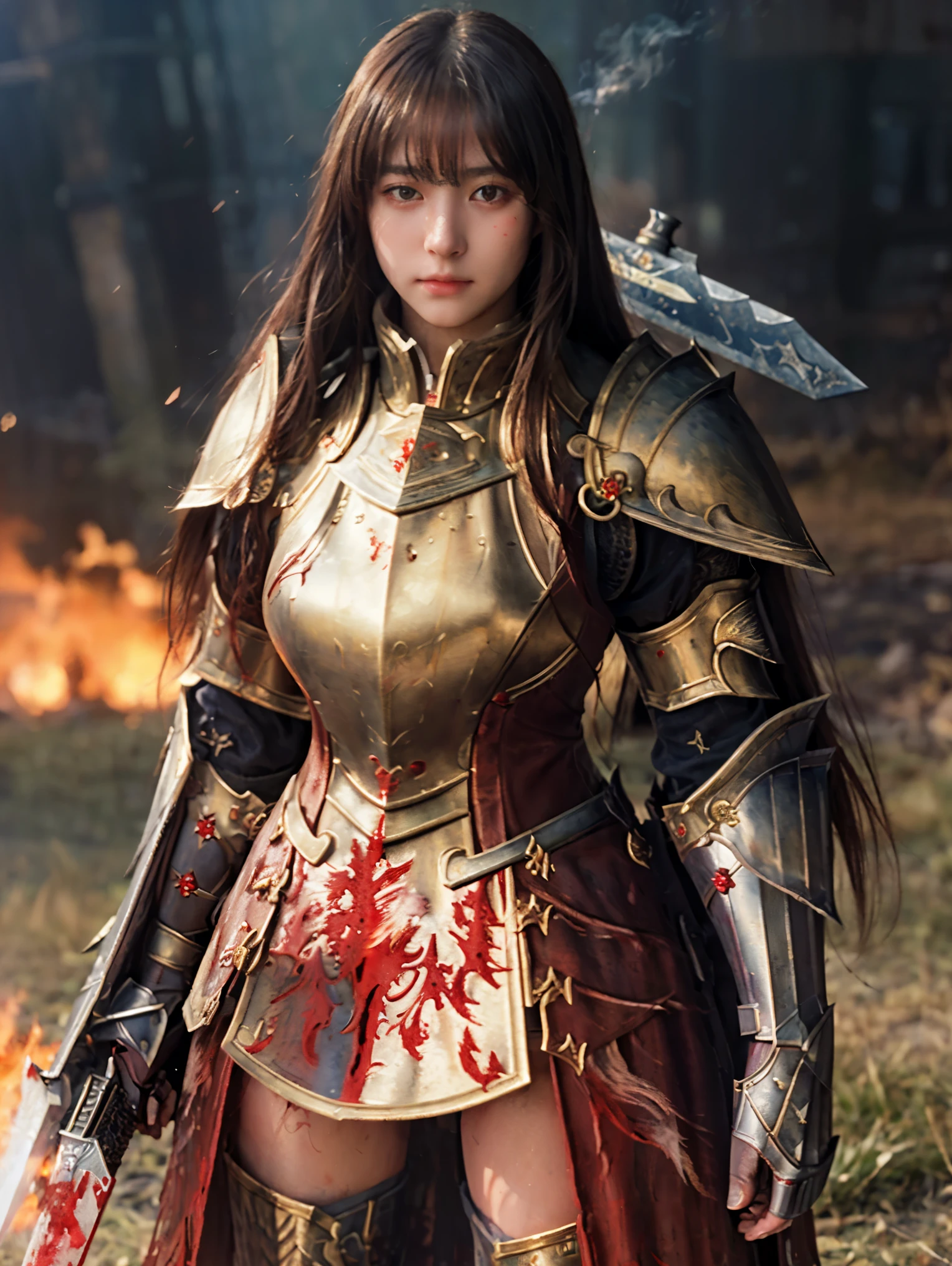 (((Realistic, masterpiece, best quality, crisp detail, high definition, high detail))), 17 years old girl wearing golden armor, japan style heavy armor, full body armor, long straight hair, sweating, bloodstained, bloodbath, carnage, long bloodstained sword, in epic war, fire and smoke everywhere, death anywhere