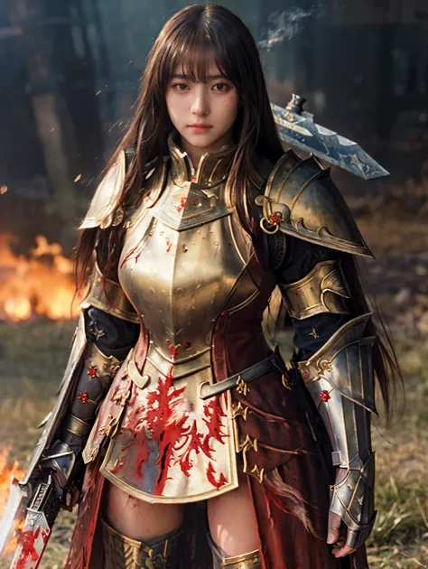 (((Realistic, masterpiece, best quality, crisp detail, high definition, high detail))), 17 years old girl wearing golden armor, ...