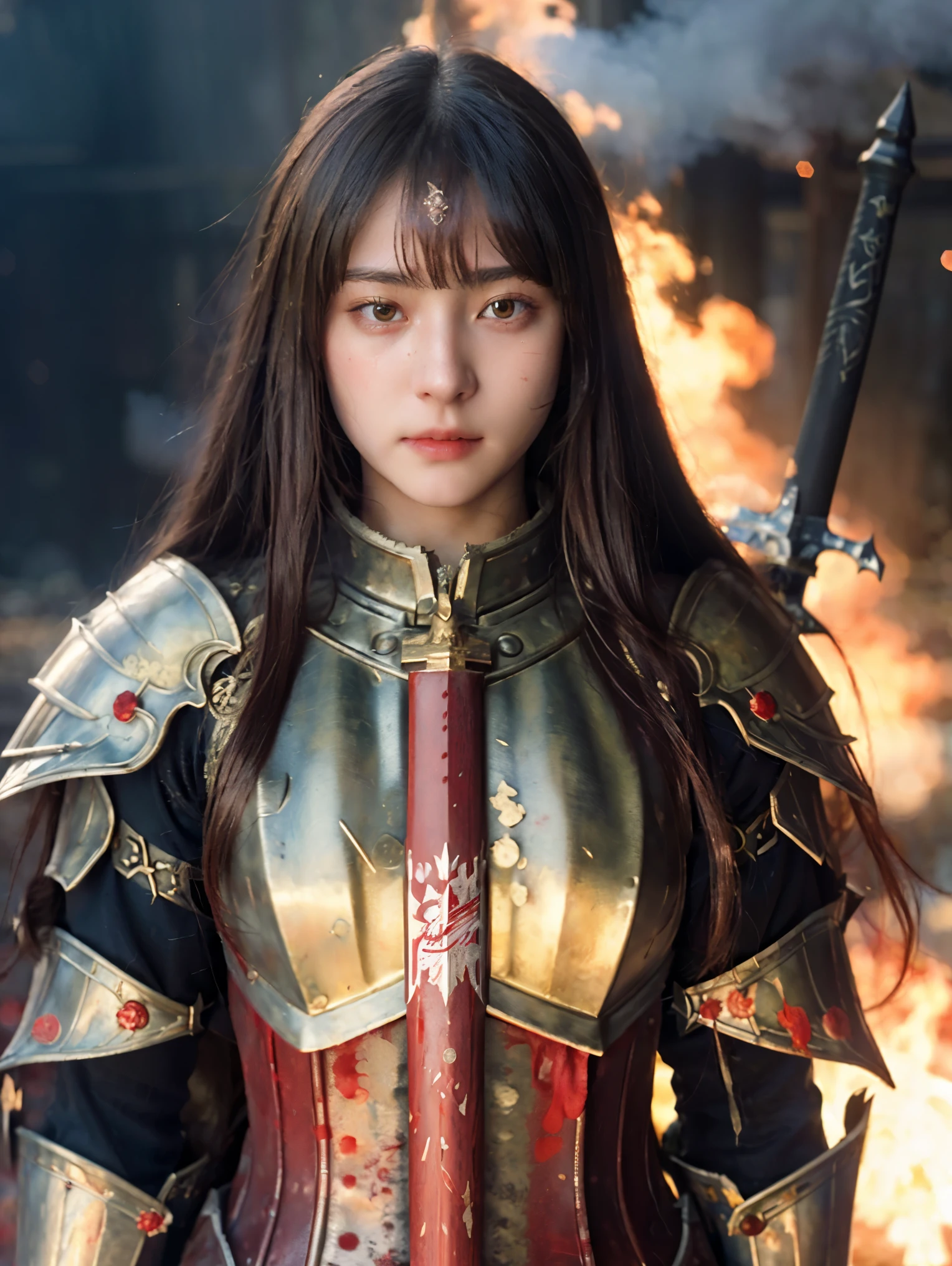 (((Realistic, masterpiece, best quality, crisp detail, high definition, high detail))),  girl wearing golden armor, japan style heavy armor, full body armor, long straight hair, sweating, bloodstained, bloodbath, carnage, long bloodstained sword, in epic war, fire and smoke everywhere, death anywhere