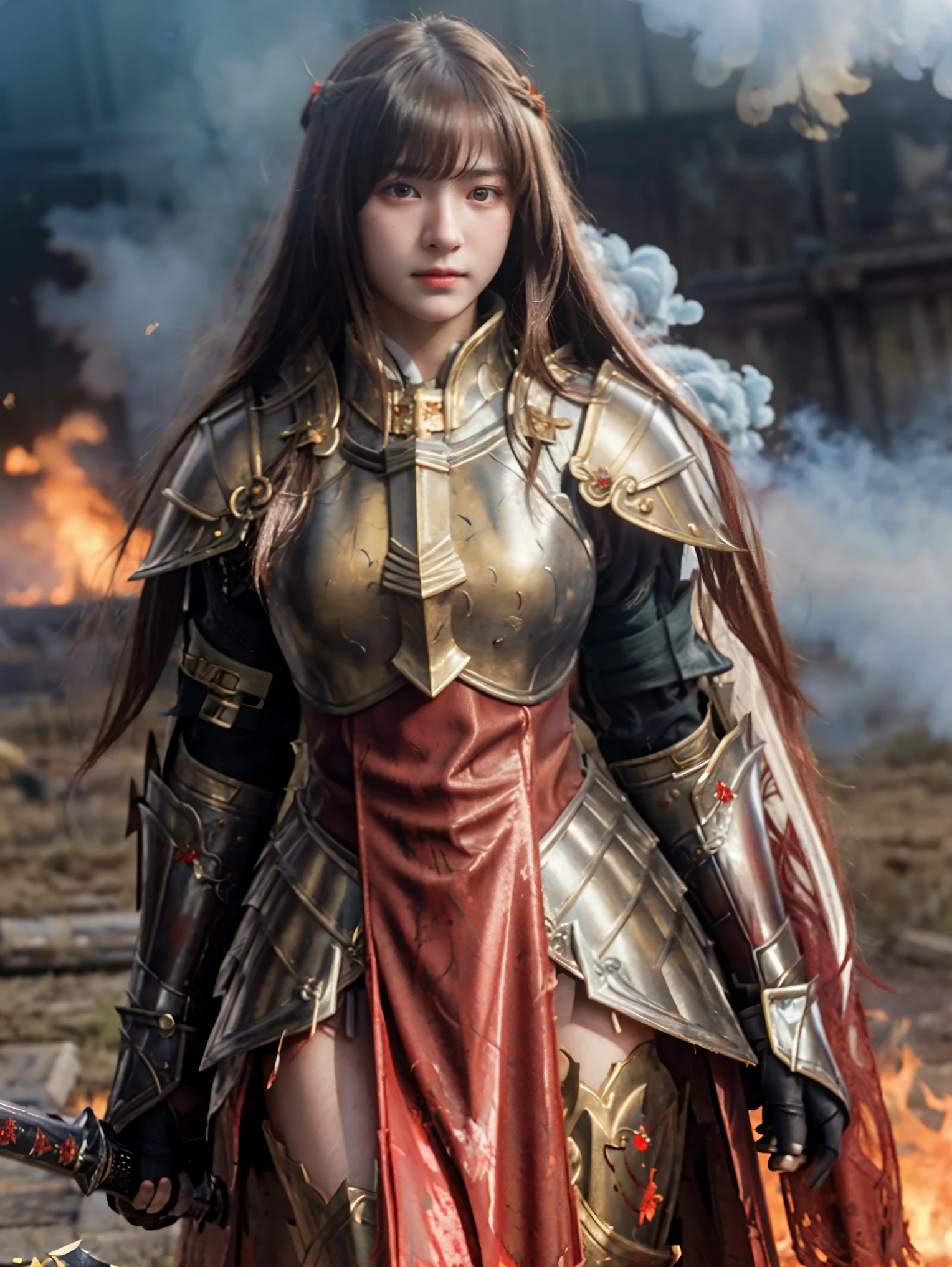 (((Realistic, masterpiece, best quality, crisp detail, high definition, high detail))), 17 years old girl wearing golden armor, japan style heavy armor, full body armor, long straight hair, sweating, bloodstained, bloodbath, carnage, long bloodstained sword, in epic war, fire and smoke everywhere, death anywhere