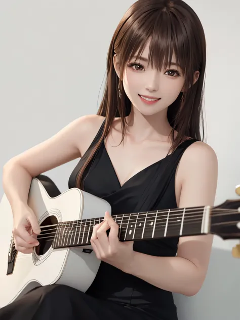 (((best image quality、8k、beautiful woman、pure white wall background)))、guitarist、playing the guitar、long hair woman、black hair、s...