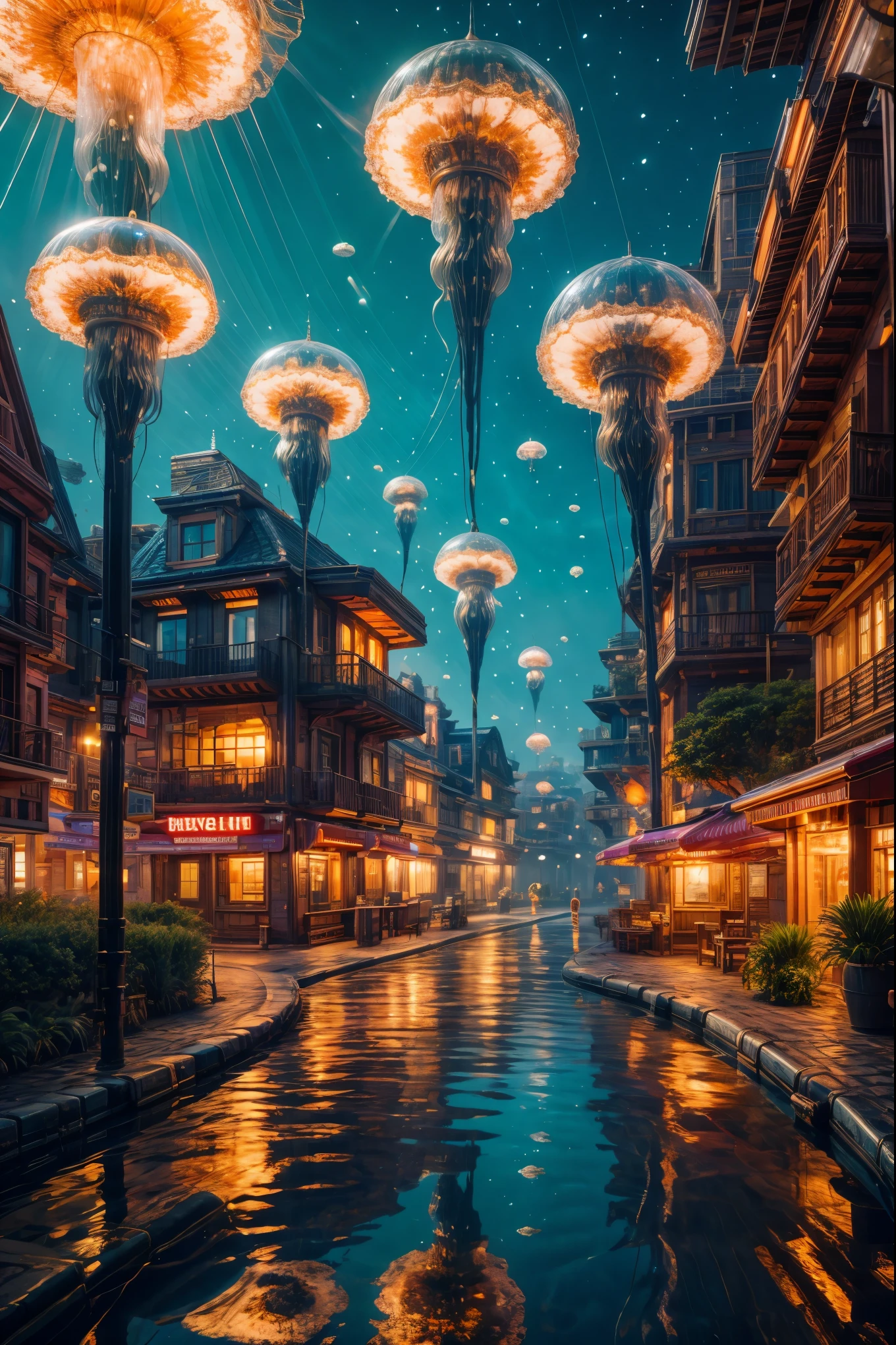 A city made of jellyfish, extraterrestrial jellyfish, space jellyfish, (best quality,4k,8k,highres,masterpiece:1.2), ultra-detailed, (realistic,photorealistic,photo-realistic:1.37), vibrant colors, surreal lighting, surreal atmosphere, glowing tentacles, transparent bodies, floating in the sky, underwater structures, bioluminescent organisms, dreamlike surroundings.