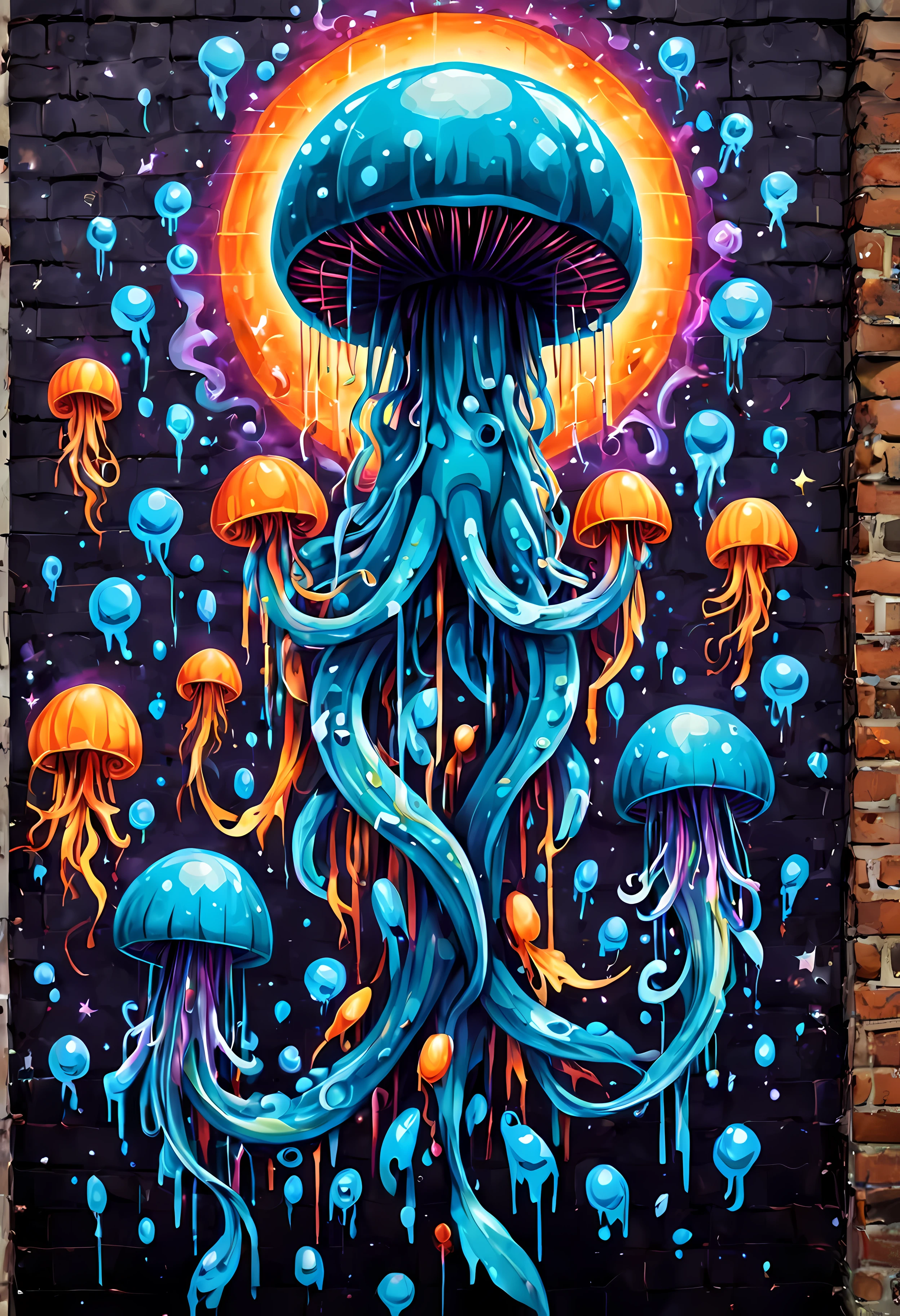 (pixel art:1.4), made of elemental_graffiti, design a mesmerizing ((((wall graffiti)))) featuring magnificent jellyfish floating gracefully in the vast expanse of space,  its translucent bell shimmering with intricate galaxy patterns, the jellyfish's tentacles stretch out, each one adorned with swirling nebulae and sparkling stars, distant galaxies and celestial bodies provide a stunning backdrop to this ethereal creature,  a harmonious fusion of the serene beauty of the jellyfish and the awe-inspiring grandeur of the cosmoore_Detail))