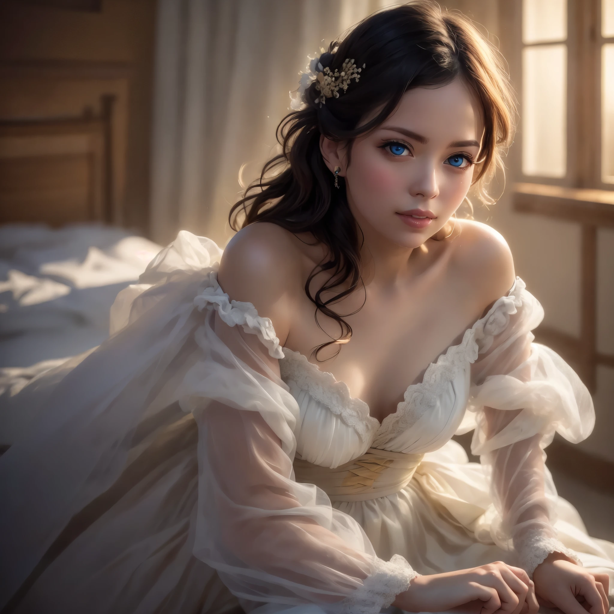 Best quality, masterpiece, ultra high res, (photorealistic: 1.4), raw photo, 1girl, off shoulder, cinematic lighting, kissing poses, heterochromia, Tenchan