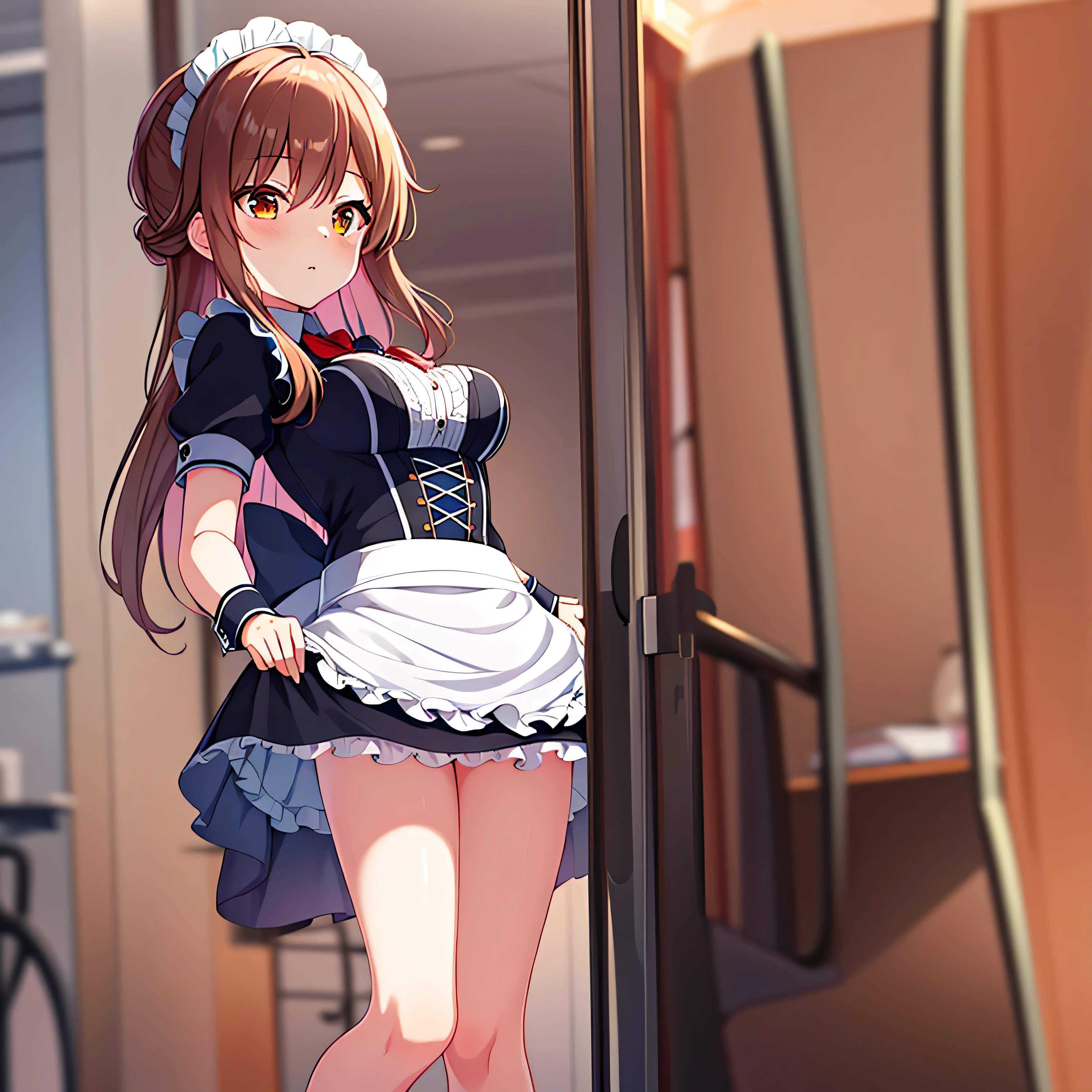 Anime girl in maid outfit standing in doorway of room with bicycle - SeaArt  AI