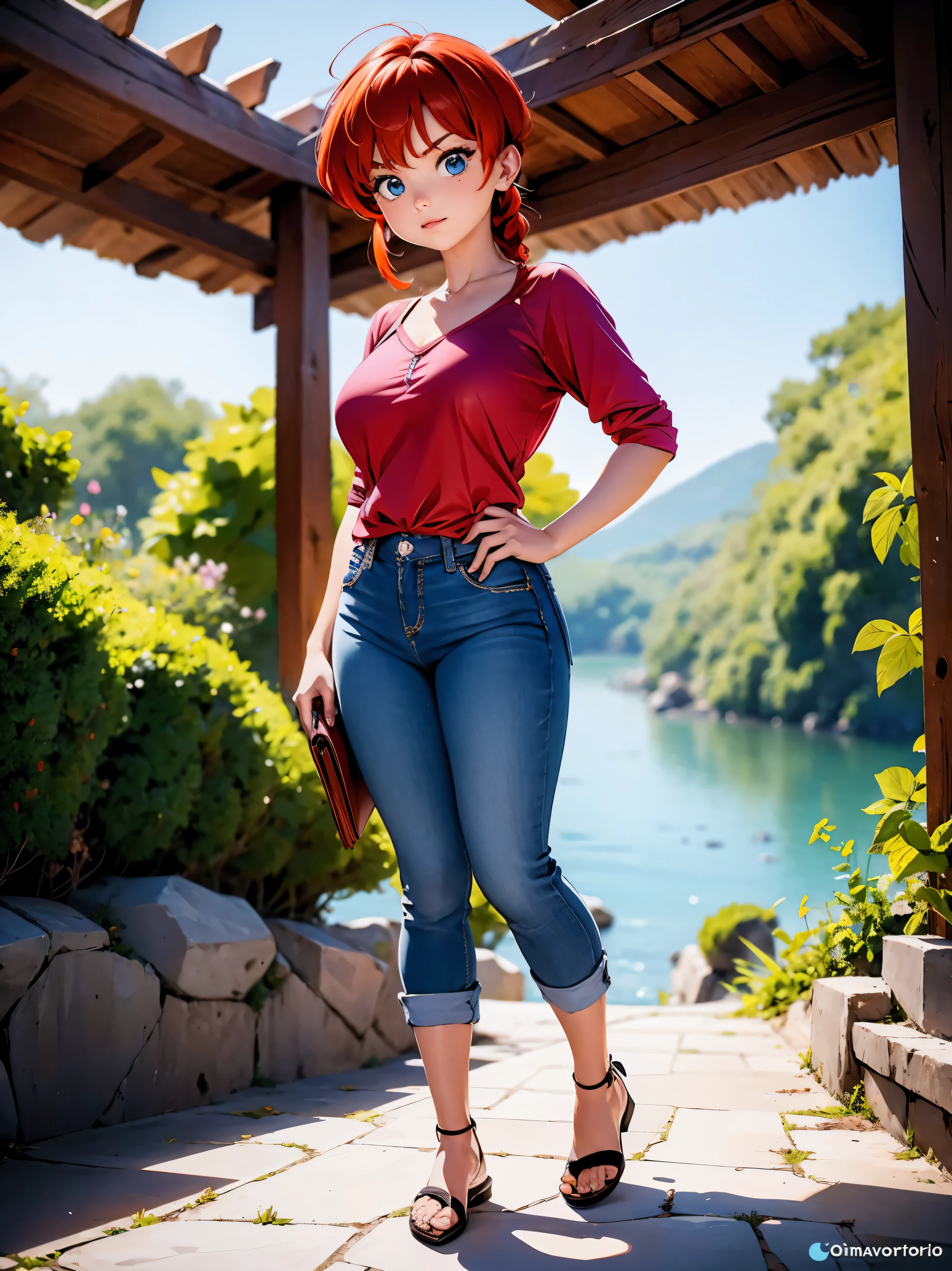 Anime girl rousse en short en jean et chemisier rose vif, jupe, 16 ANS, beau corps, seios grands, com as mains sur la poitrine, mains sur la poitrine, fille sexy, red cheveux courts avec tresse, faits saillants des cheveux latéraux, mèches de cheveux sur le côté du visage, bel éclairage, ombres douces, yeux bleus, belles jambes, cheveux courts avec tresse, style animé, Ranma chan, Autora Rumiko Takahashi, D&#39;après une œuvre de Rumiko Takahashi, Anime Ranma 1/ 2, déco sexy, hanche robuste, tout le corps, tout le corps, busto grand, jeune fille avec un beau et beau corps, des sandales aux pieds, petite jeune fille, porter un short en jean rose vif, fille animée, style animé, beaux pieds en sandales, Angle de vision de 45°, En plein air, tresse de cheveux roux, grand , peito grand
