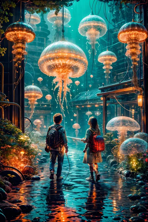 A city made of jellyfish, extraterrestrial jellyfish, space jellyfish, (best quality,4k,8k,highres,masterpiece:1.2), ultra-detai...