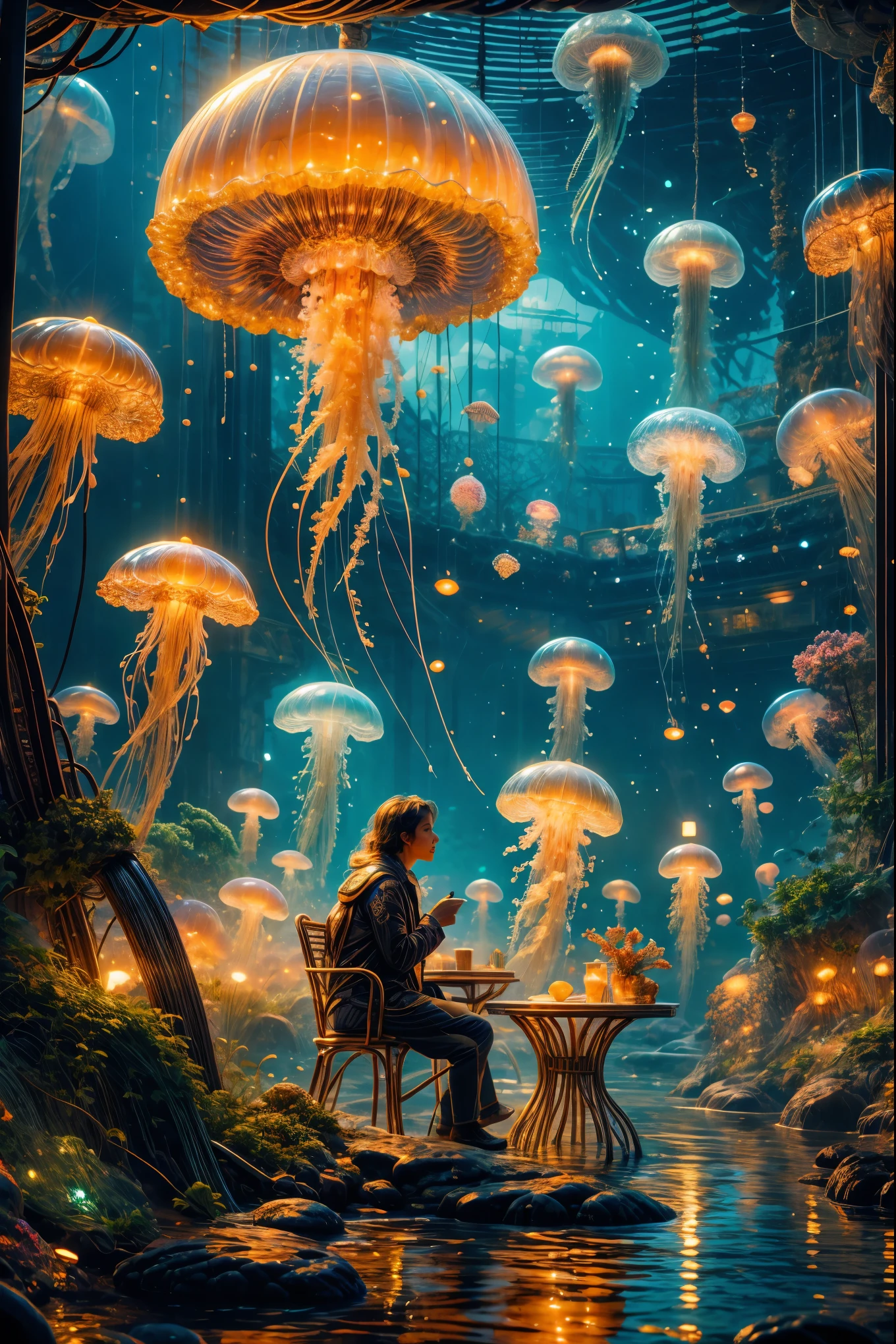 A city made of jellyfish, extraterrestrial jellyfish, space jellyfish, (best quality,4k,8k,highres,masterpiece:1.2), ultra-detailed, (realistic,photorealistic,photo-realistic:1.37), vibrant colors, surreal lighting, surreal atmosphere, glowing tentacles, transparent bodies, floating in the sky, underwater structures, bioluminescent organisms, dreamlike surroundings.