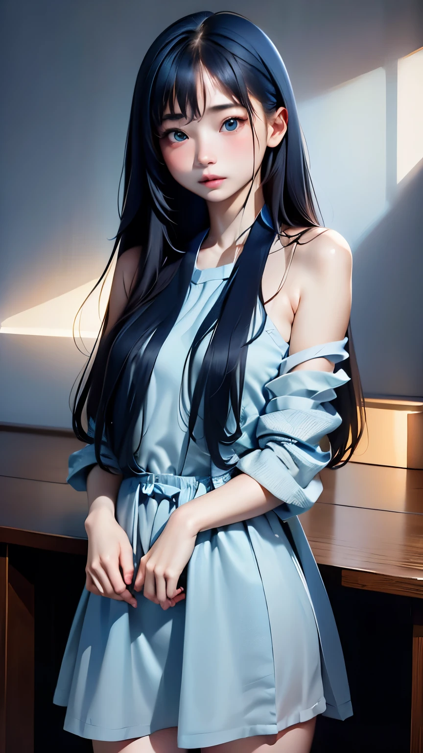 (((horizon blue world:1.3)))、highest quality, table top, High resolution, (((1 girl))), 16 years old,(((i am horizon blue:1.3)))、horizon blue dress、((horizon blue shirt:1.3、horizon blue color block dress)), Tyndall effect, realistic, shadow studio,Ultramarine lighting, dual tone lighting, (high detail skin: 1.2)、dim lighting、dark lighting、 Digital single-lens reflex camera, photograph, High resolution, 4k, 8k, background blur,fade out beautifully、horizon blue world