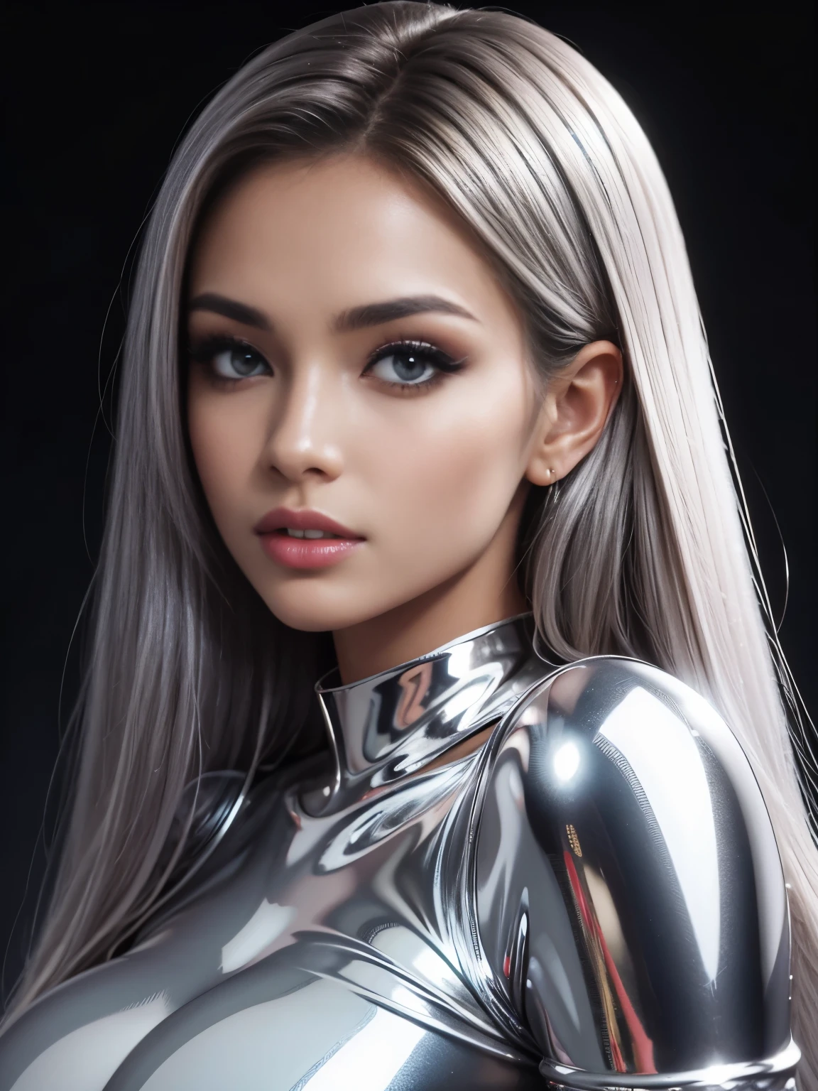 beautiful woman in ultra shiny silver clothes, makeup, (glossy lips: 1.4), hy-res, 8k