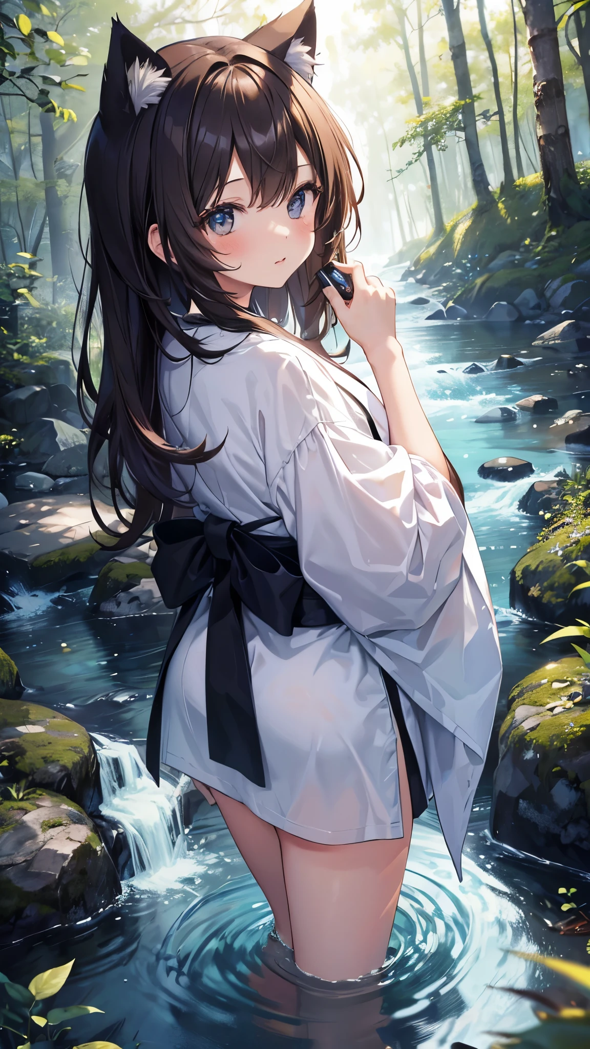 Japan Anime Girl Nude - Anime girl with cat ears standing in a stream of water - SeaArt AI