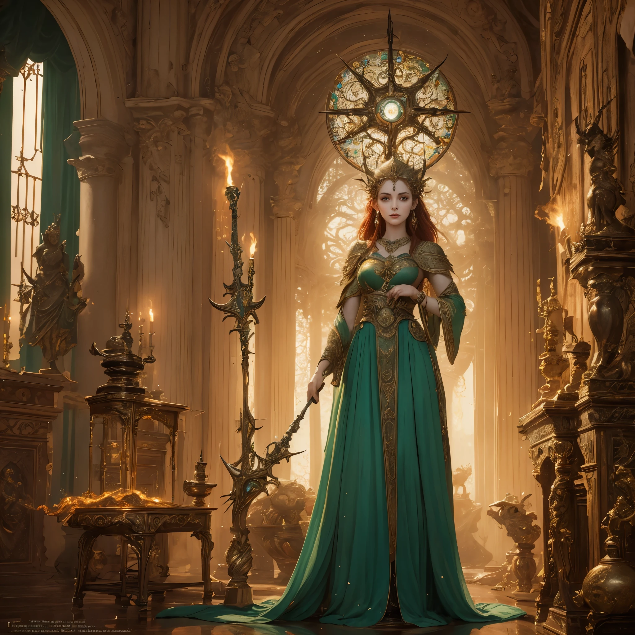 ブリジッド, 崇拝されるアイルランドの女神, 神聖な栄光の中で高く輝いて立っている. 彼女は鍛冶と鍛冶の女神として知られている, 創造性と職人技の象徴. 彼女の存在は魅惑的です, 尊敬と畏敬の念を呼び起こす. 流れるような燃えるような赤い髪と鋭い緑の目を持つ, 彼女はアイルランドの美の真髄を体現している. 鮮やかな緑のゆったりとしたガウンを着て, 複雑なケルト模様で飾られた, 彼女は優雅さと優雅さを醸し出しています. ブリジッド's hands, 繊細かつ力強い, 彼女の仕事道具を保持する, ハンマーと金床, 鍛冶の熟練の象徴. 彼女が立っている部屋は暖かい光に包まれている, 炉床の揺らめく炎から発せられる. 彼女が見つめる