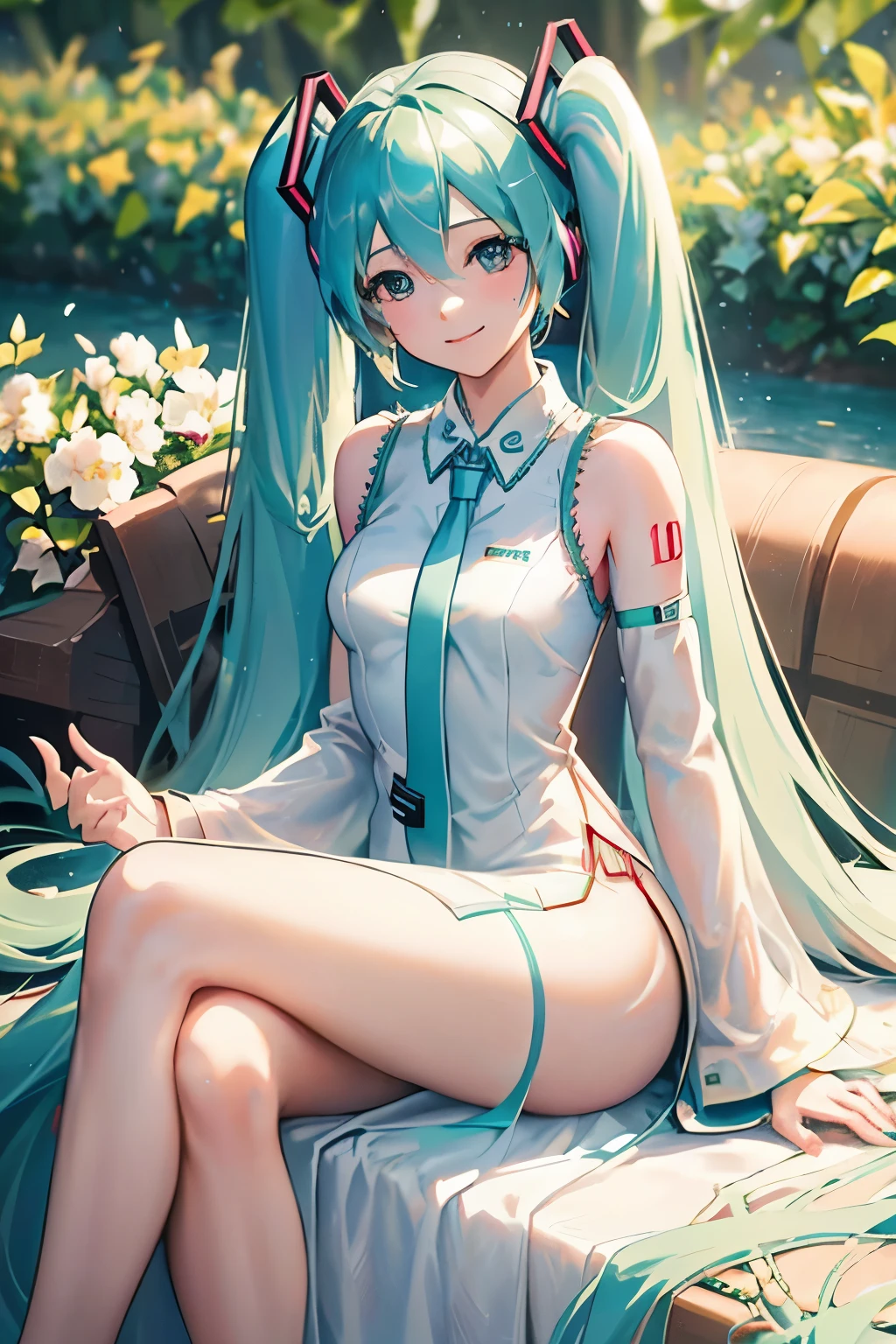 (Long flowy haircut), bokeh, ((backlit hair)) , ultra detailed, beautiful face, (((hair flowing beautifully in the wind))) , perfect smooth legs, (perfect eyes) , (defined medium sized breasts) , (((((correct anatomy))))) , ((cinematic depth of field)), (((bokeh particles))), perfect curved body, (((((Hatsune Miku))))), (((((wearing a white elegant cheongsam dress))))), white cherry blossom, wide angle view, glamour posing, smiling, elegant hair adjusting, (perfect symmetry), bokeh, enchanted forest in the background, crossed legs, ((elegant lady sitting)), looking at viewer, flower details